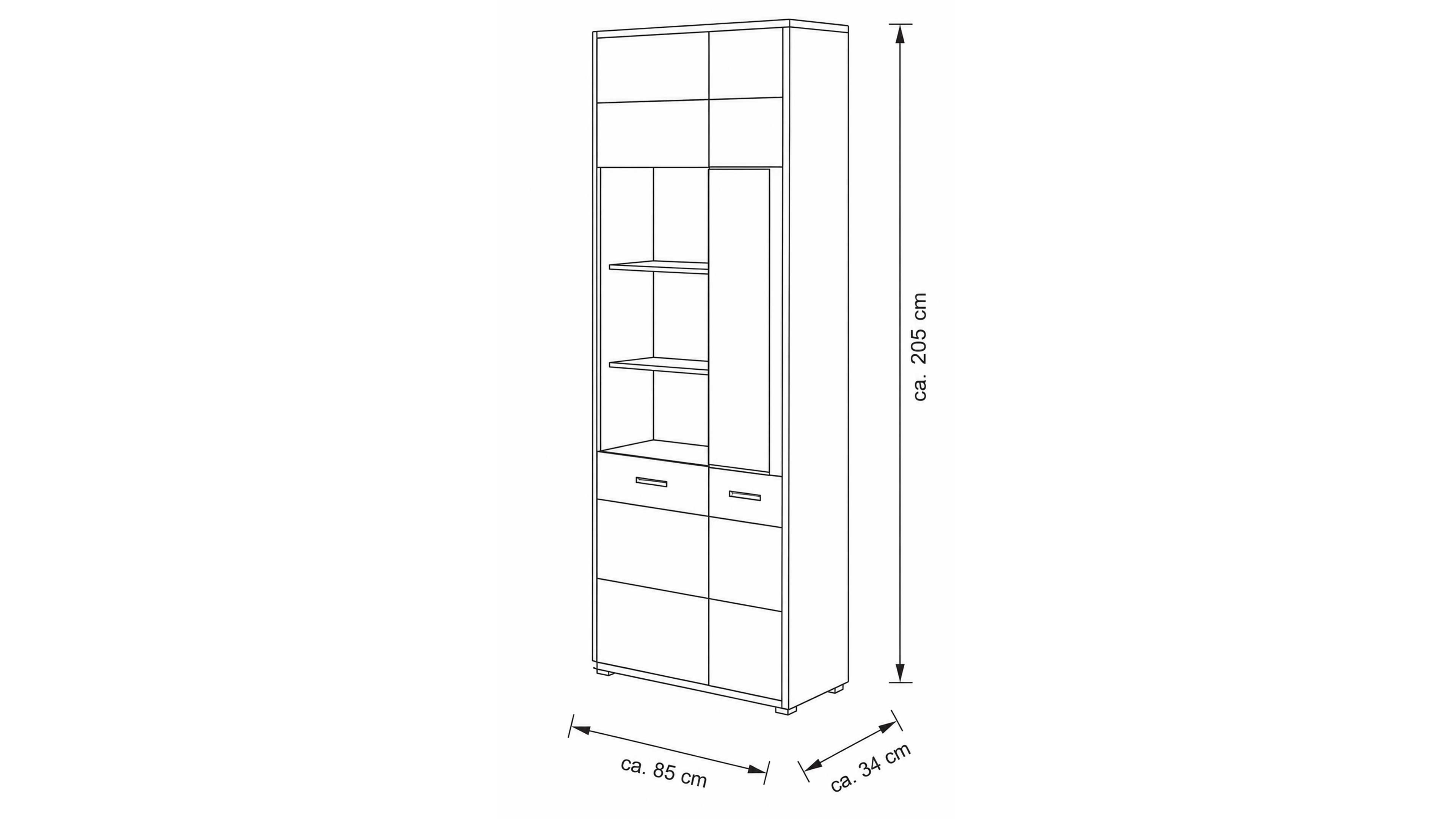Hohe Vitrine mit zwei Türen in Wildeiche und Akzenten in Steinfurnier und getöntem Glas