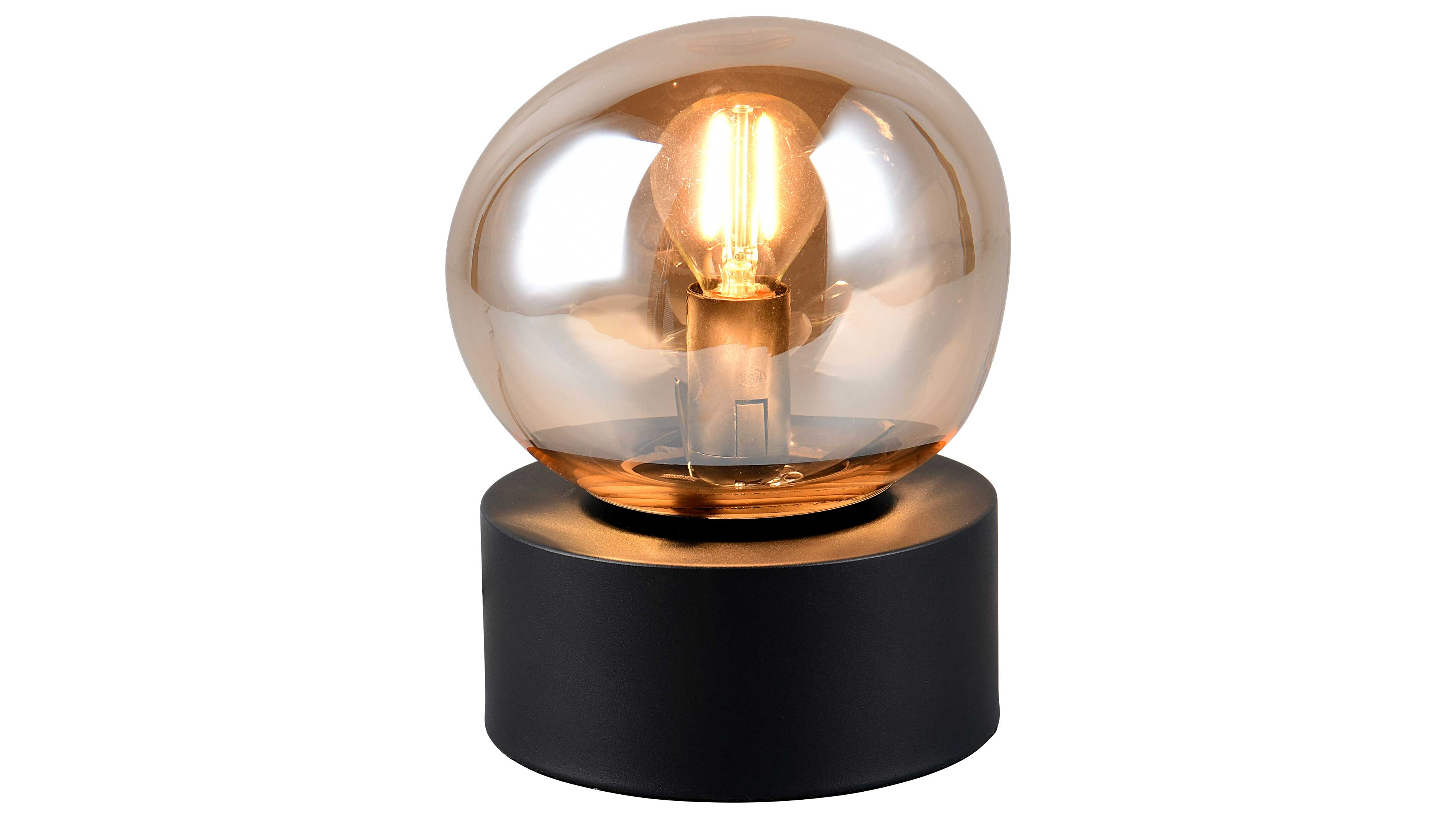 Tischlampe mit schwarzem, zylindrischem Sockel und goldfarben-amberfarbener Glaskugel, sichtbar leuchtende Filamentlampe.