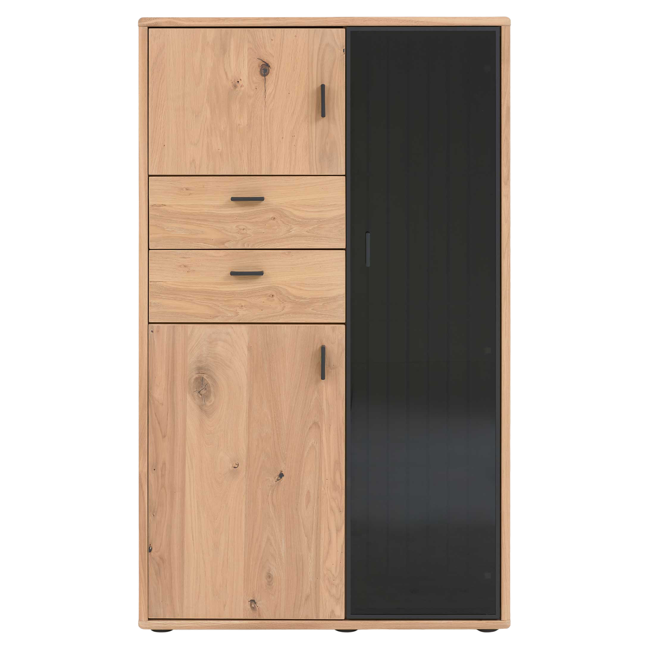 Highboard in Eichefurnier und Schwarzglas, mit Türen und Schubladen für Stauraum