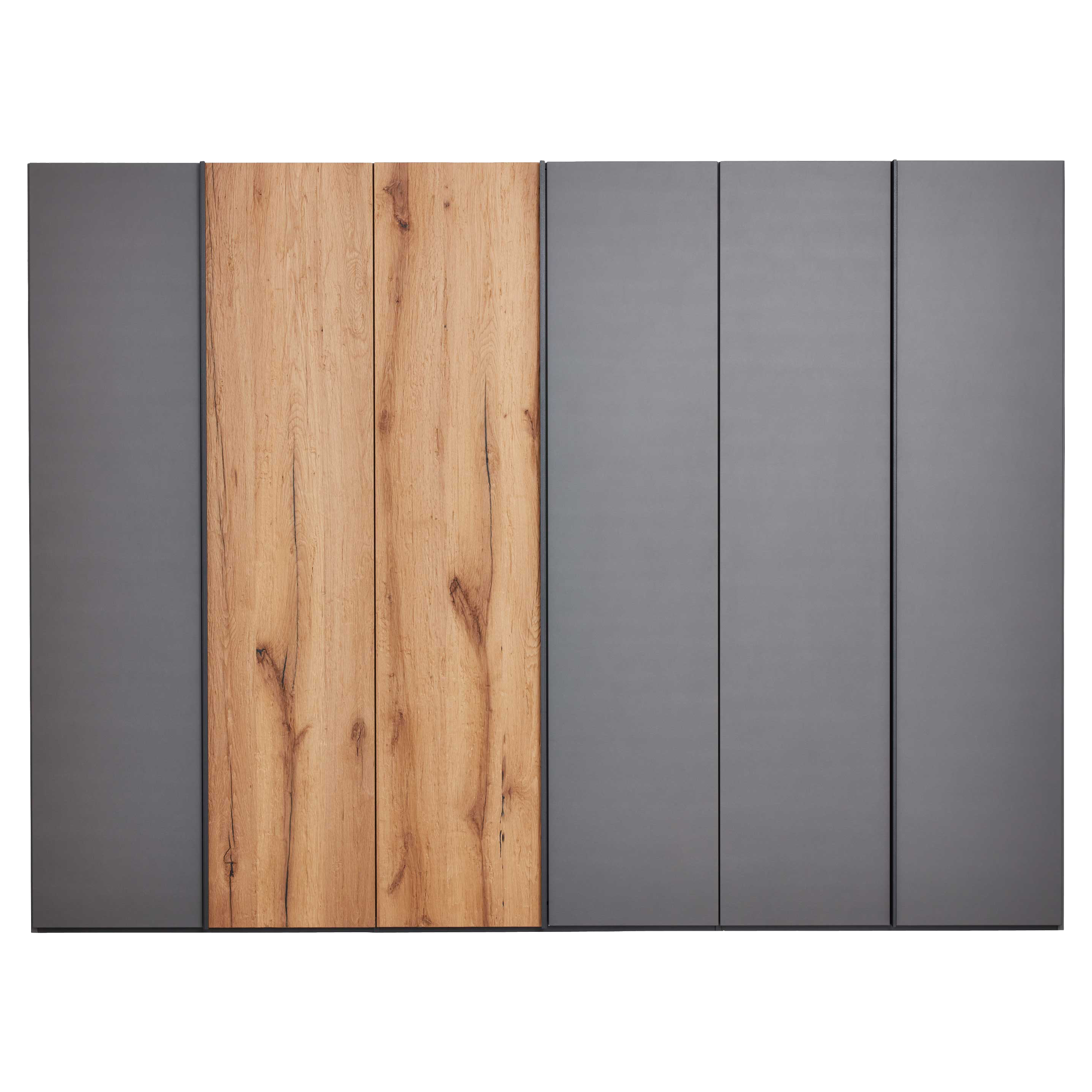 Schrank mit senkrechten Türen, zwei mittigen Holzfronten mit sichtbarer Maserung und Astzeichnungen sowie matten grauen Seitenteilen.
