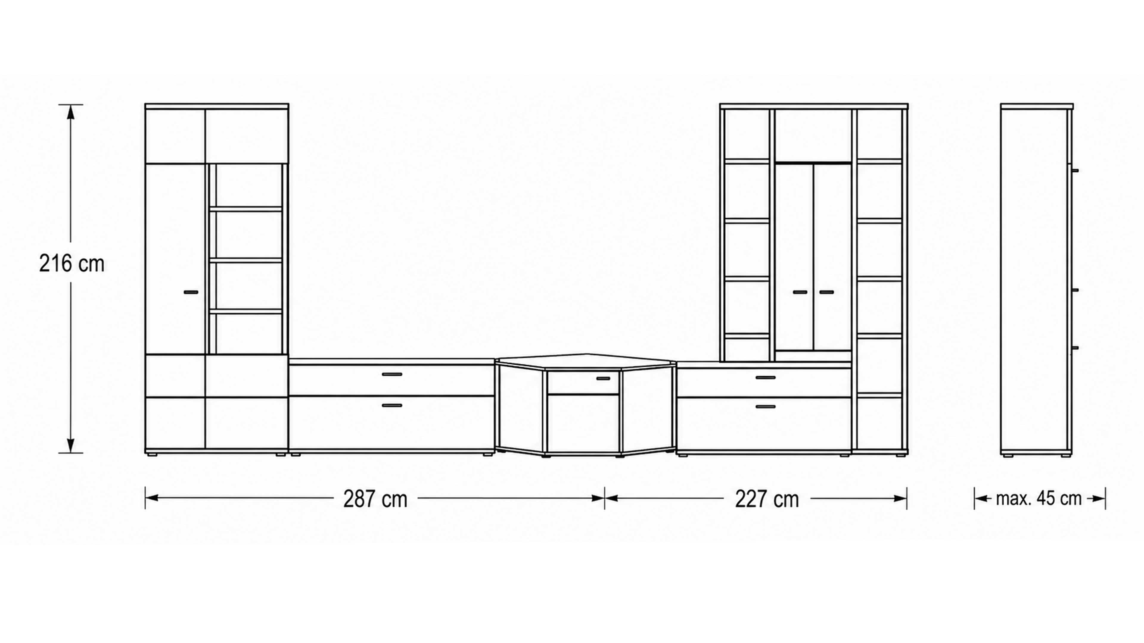 Eck-Wohnwand in Naturbuche Dekor mit TV-Lowboard, Vitrine und Regalwand für modernen Stauraum im Wohnzimmer