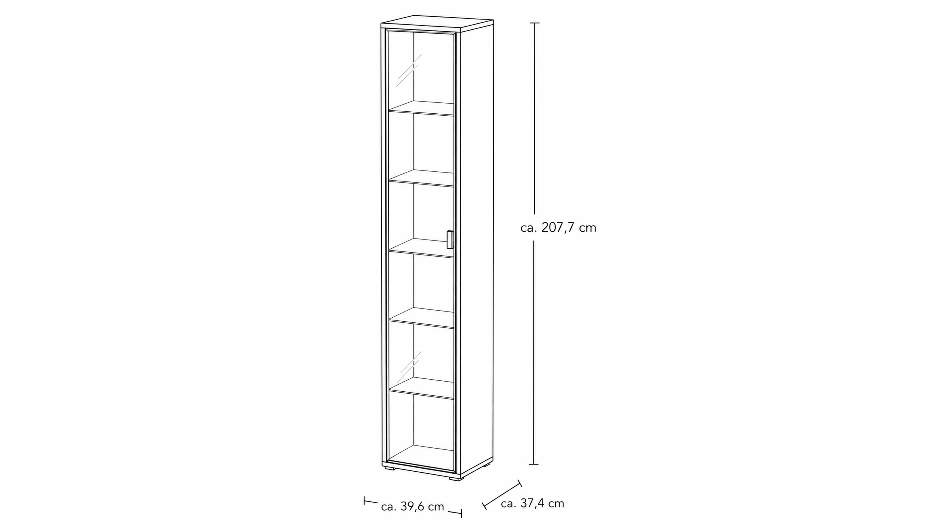 Hohe Vitrine mit Schwarzglasfront und Eichefurnier