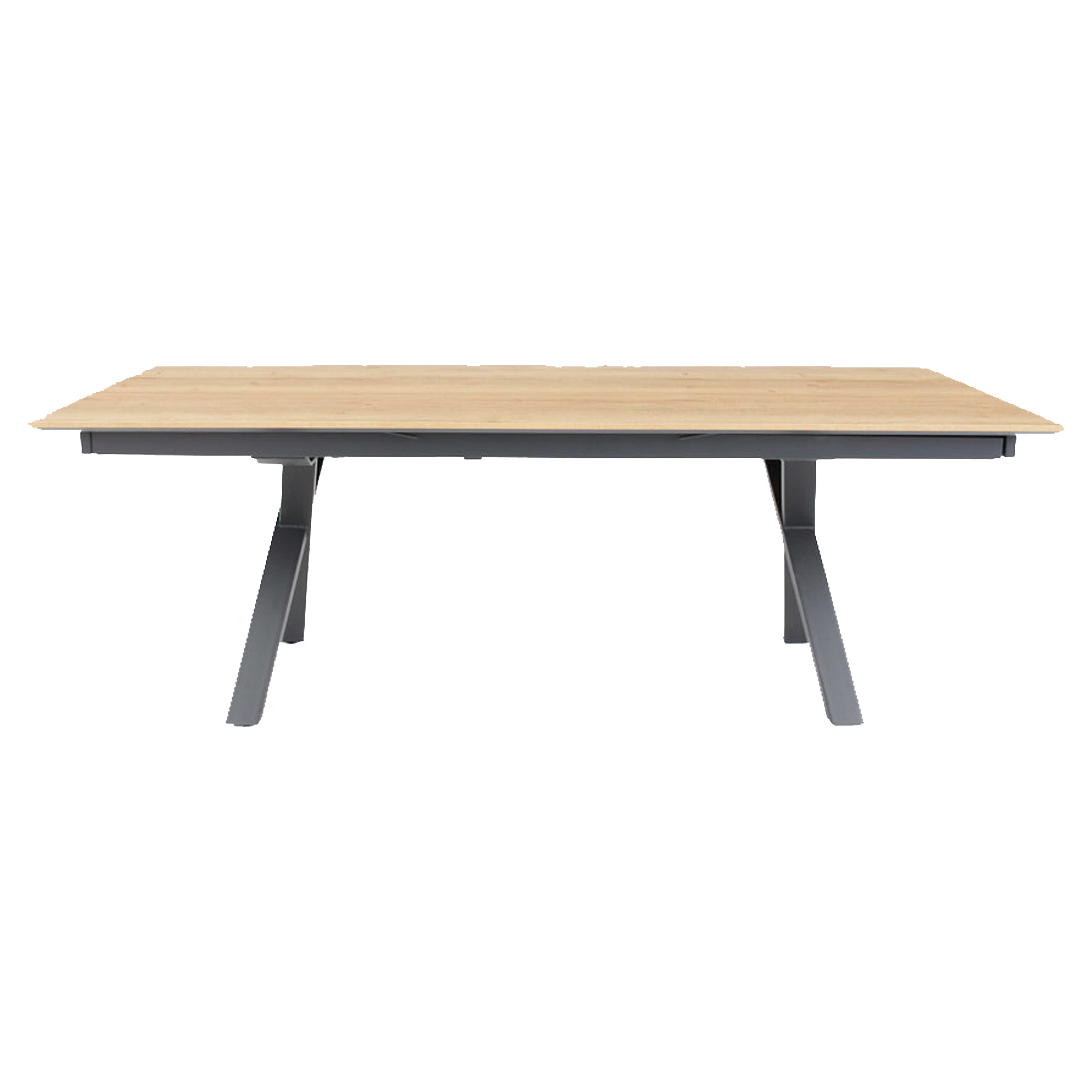 Rechteckiger Tisch mit heller Holzplatte und dunkelgrauem Metallgestell mit zwei schräg stehenden Beinen.