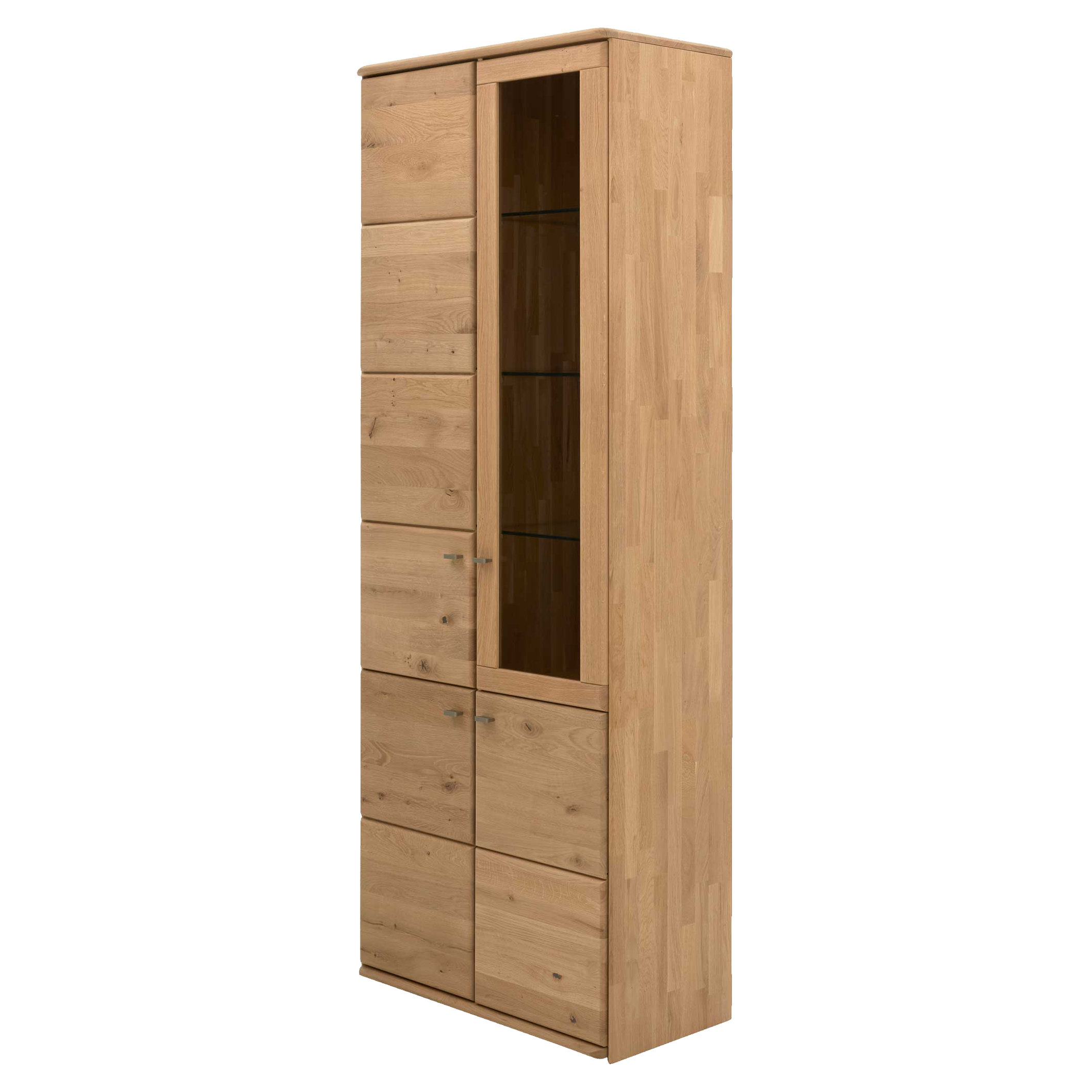 Hoher, schmaler holzfarbener Schrank mit mehreren Holztüren, einer schmalen Glastür mit drei Glasböden und kleinen Metallgriffen.