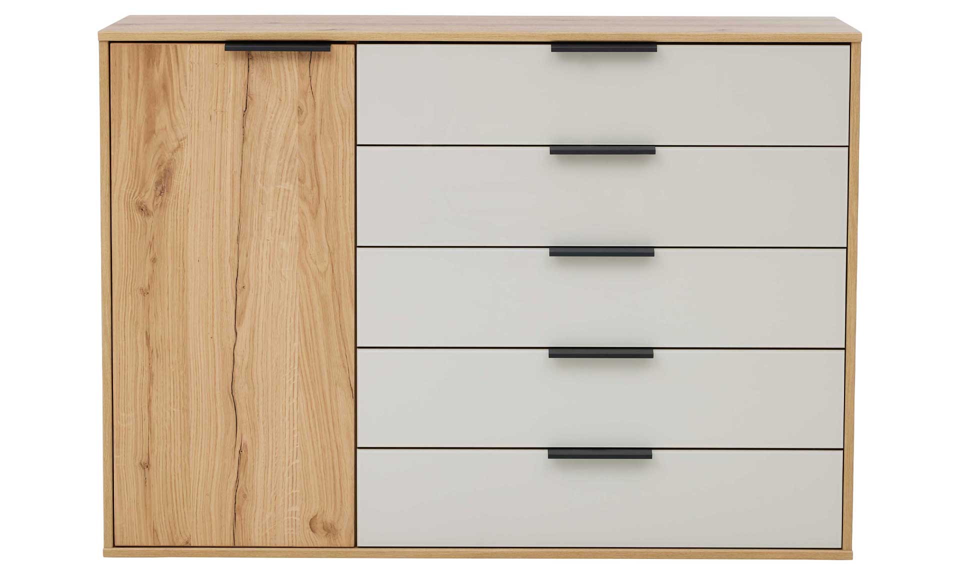 Kommode mit Hochglanzfronten in Beige-Grau und Korpus in Eiche-Optik