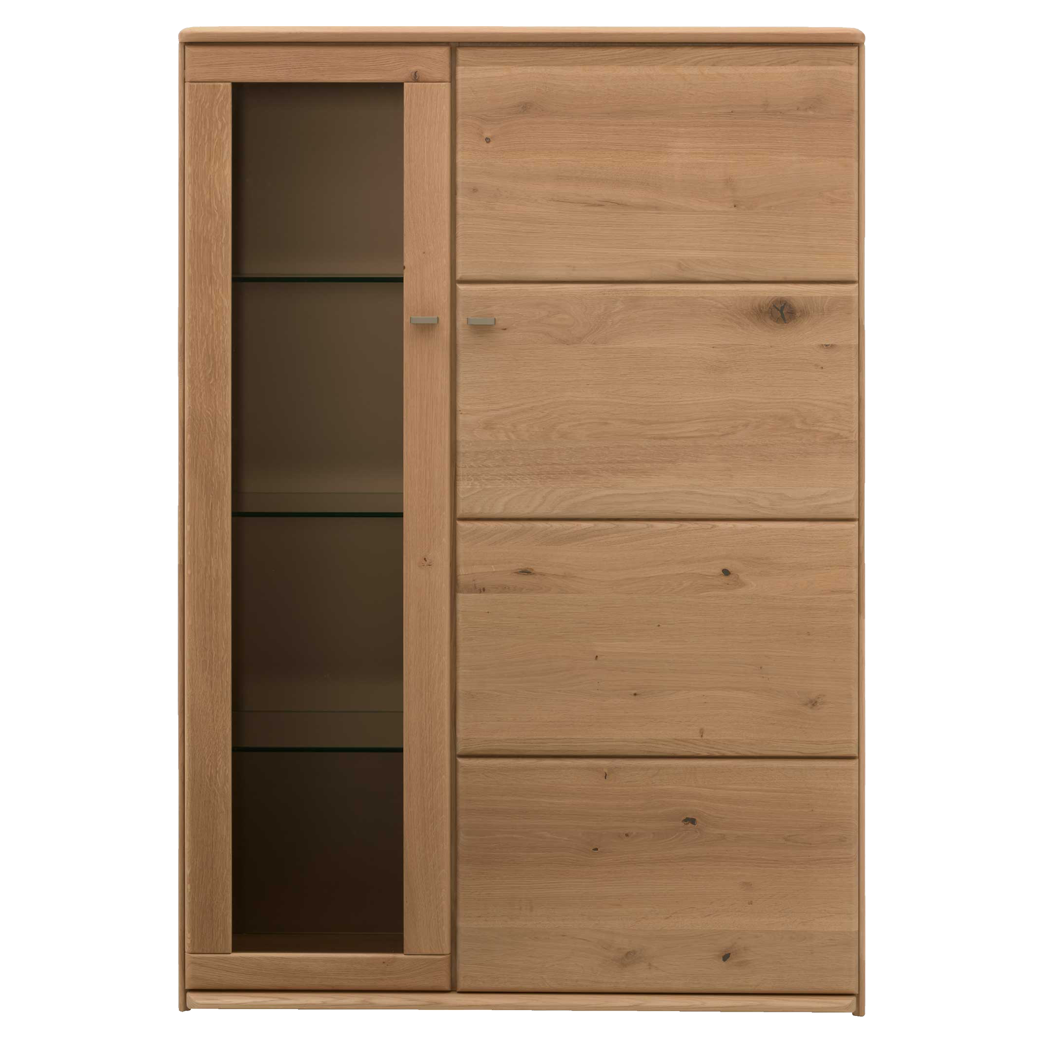 Schrank aus hellbraunem Holz mit links schmaler Glastür und drei Glasböden, rechts drei durchgehende Holztüren mit Griffen.