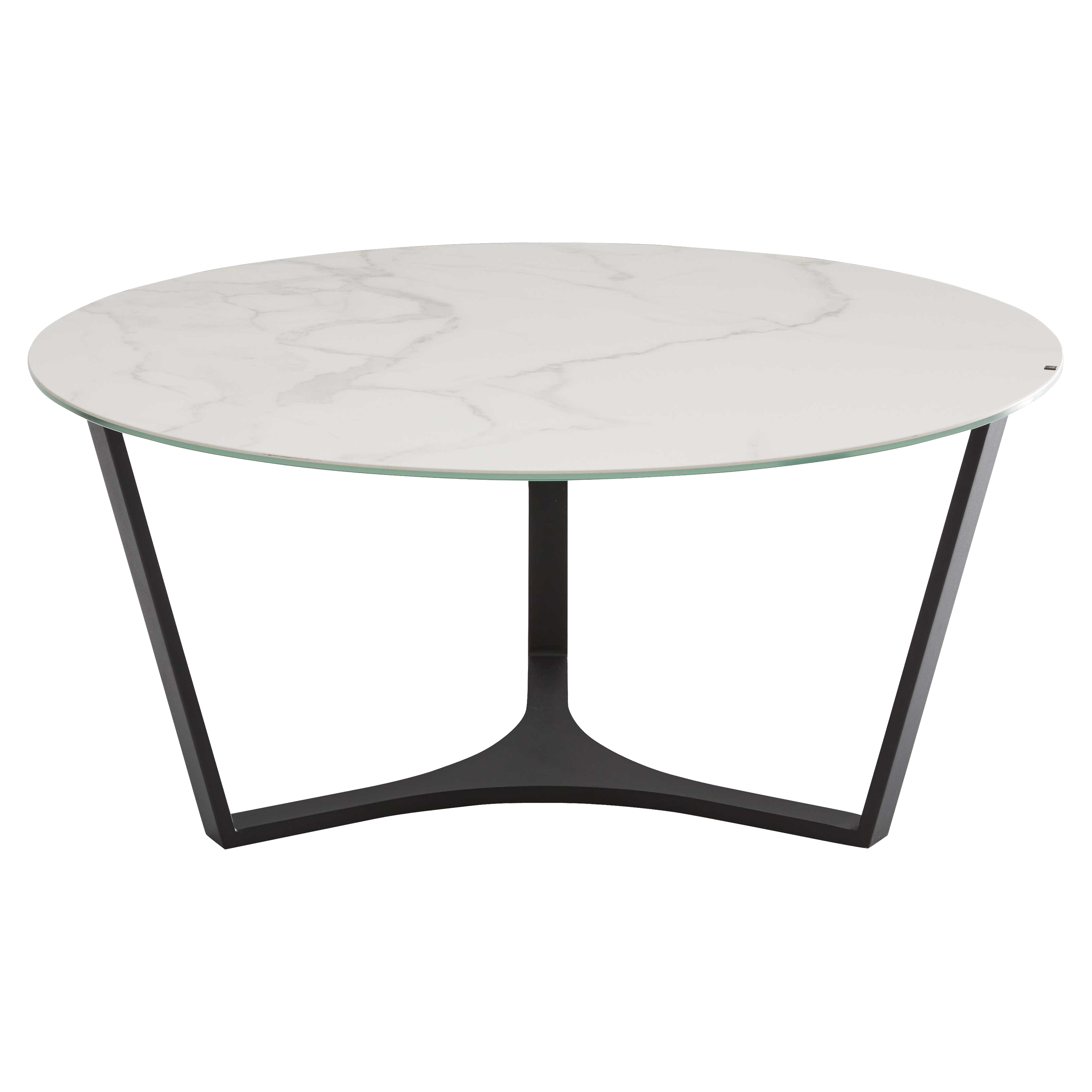 Runder Couchtisch mit hell marmorierter Tischplatte und schwarzem, dreibeinigem Metallgestell in V-Form.