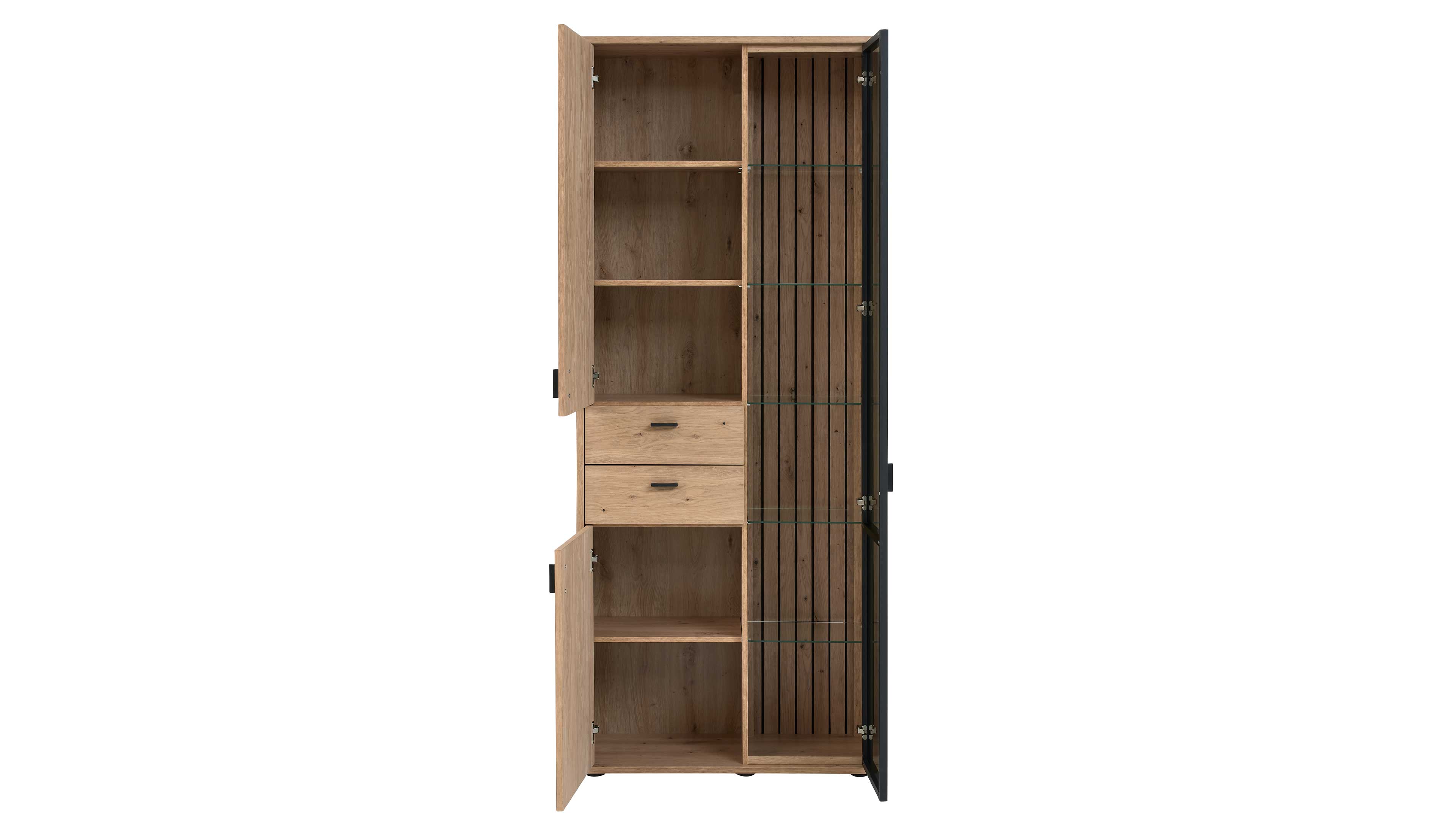 Vitrine mit zwei Türen mit Eichefurnier und Schwarzglastür