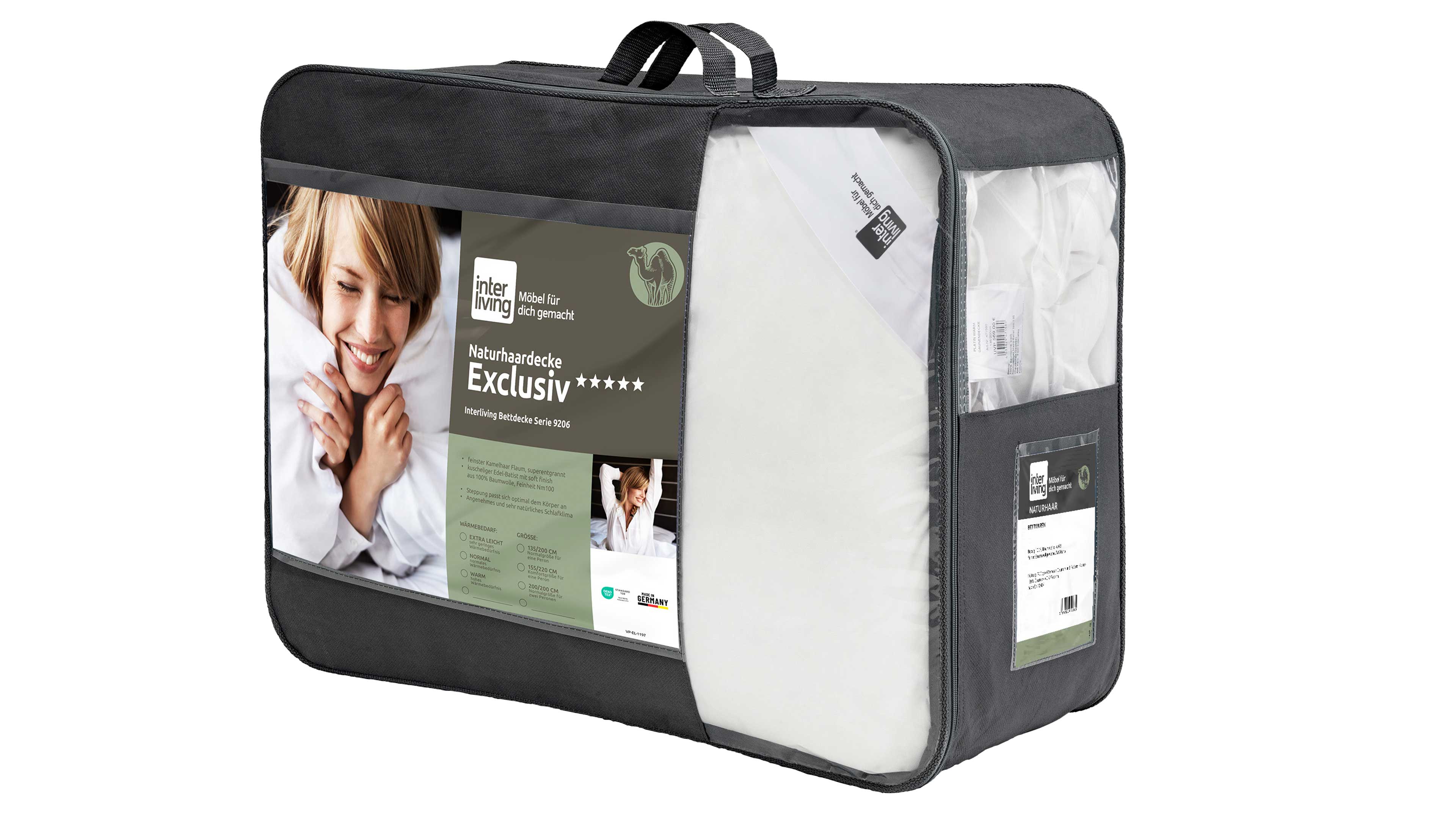 Grau-zipperte Verpackung mit Tragegriffen, transparenten Fenstern und weißer Bettdecke sowie Etikett "Exclusiv".