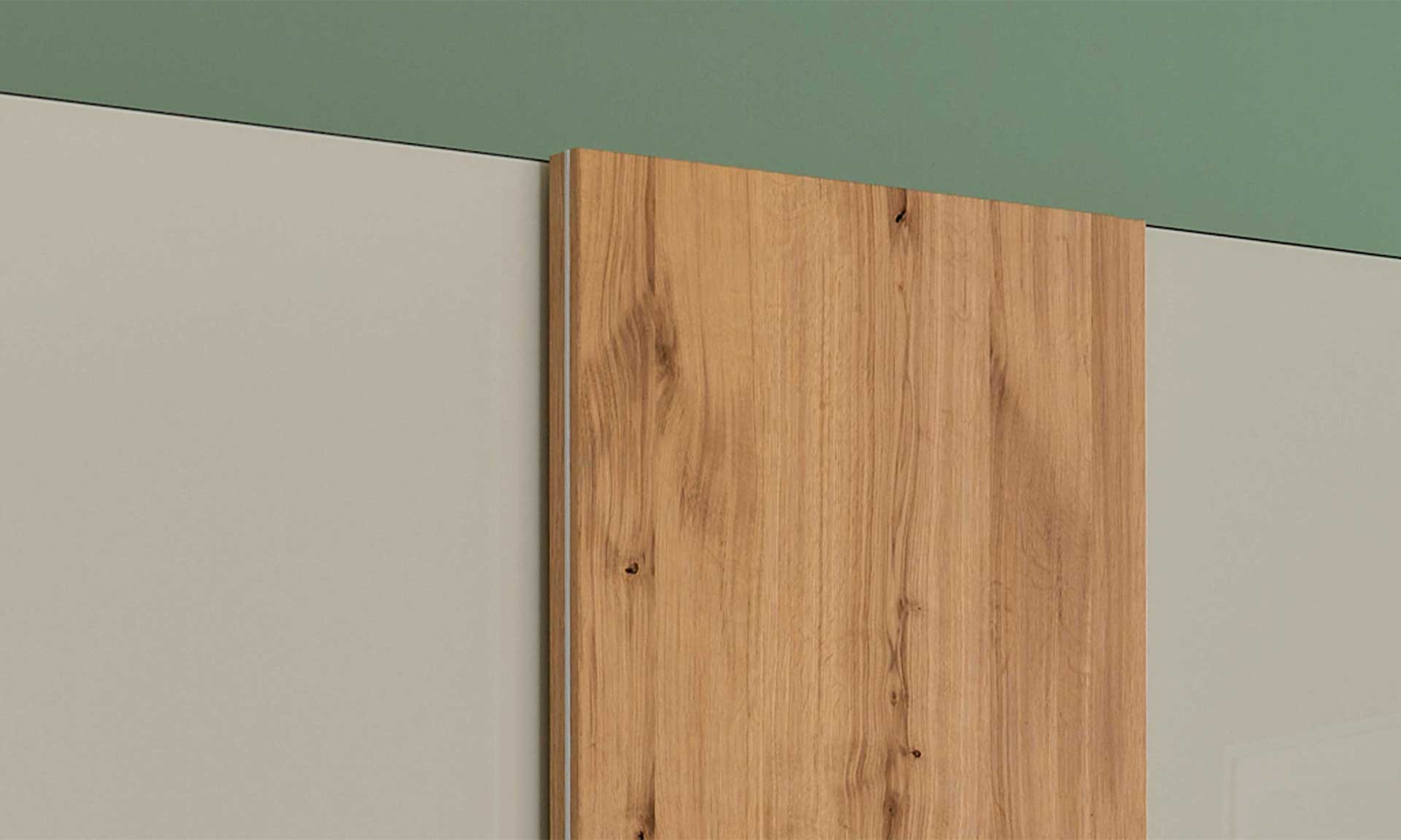 Schwebetüren-Kleiderschrank mit zwei Türen in Graubeige und Kernholz