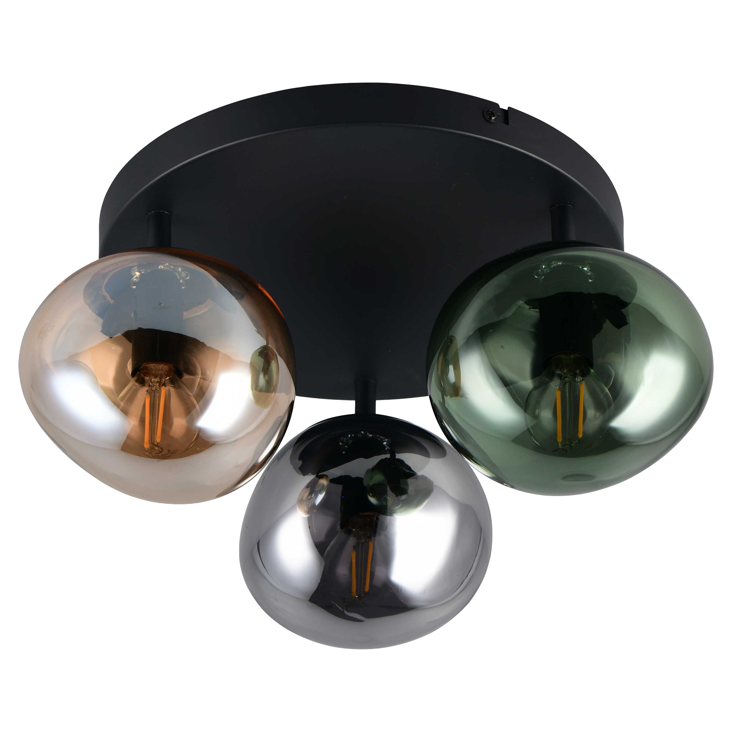 Deckenleuchte mit schwarzer runder Montageplatte und drei kugeligen Glasschirmen in Kupfer, Silber und Grün, je mit sichtbarer Filamentlampe.