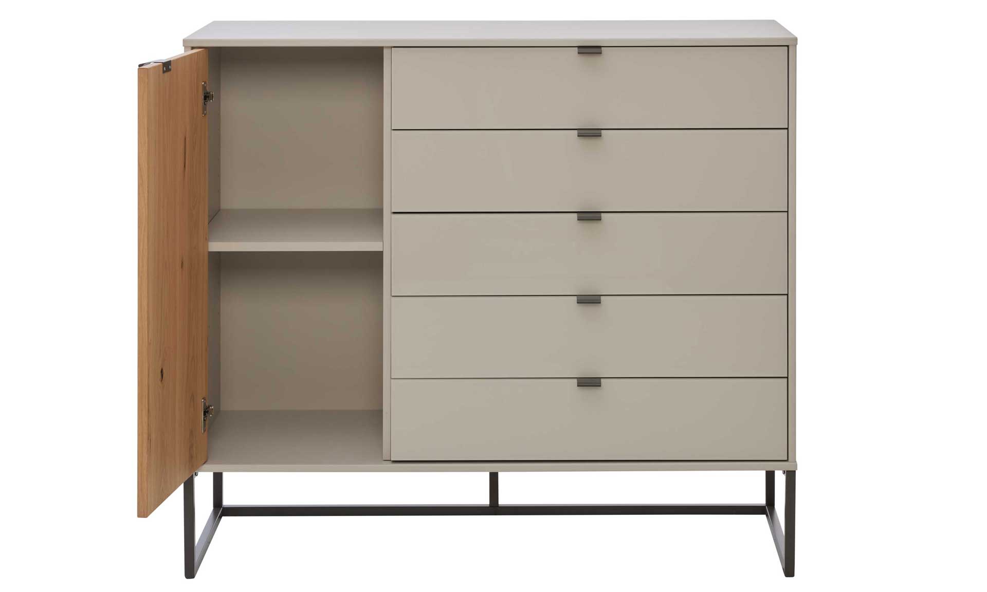 Schlafzimmerkommode in Graubeige mit fünf Schubladen und Holztür auf Metall-Kufengestell