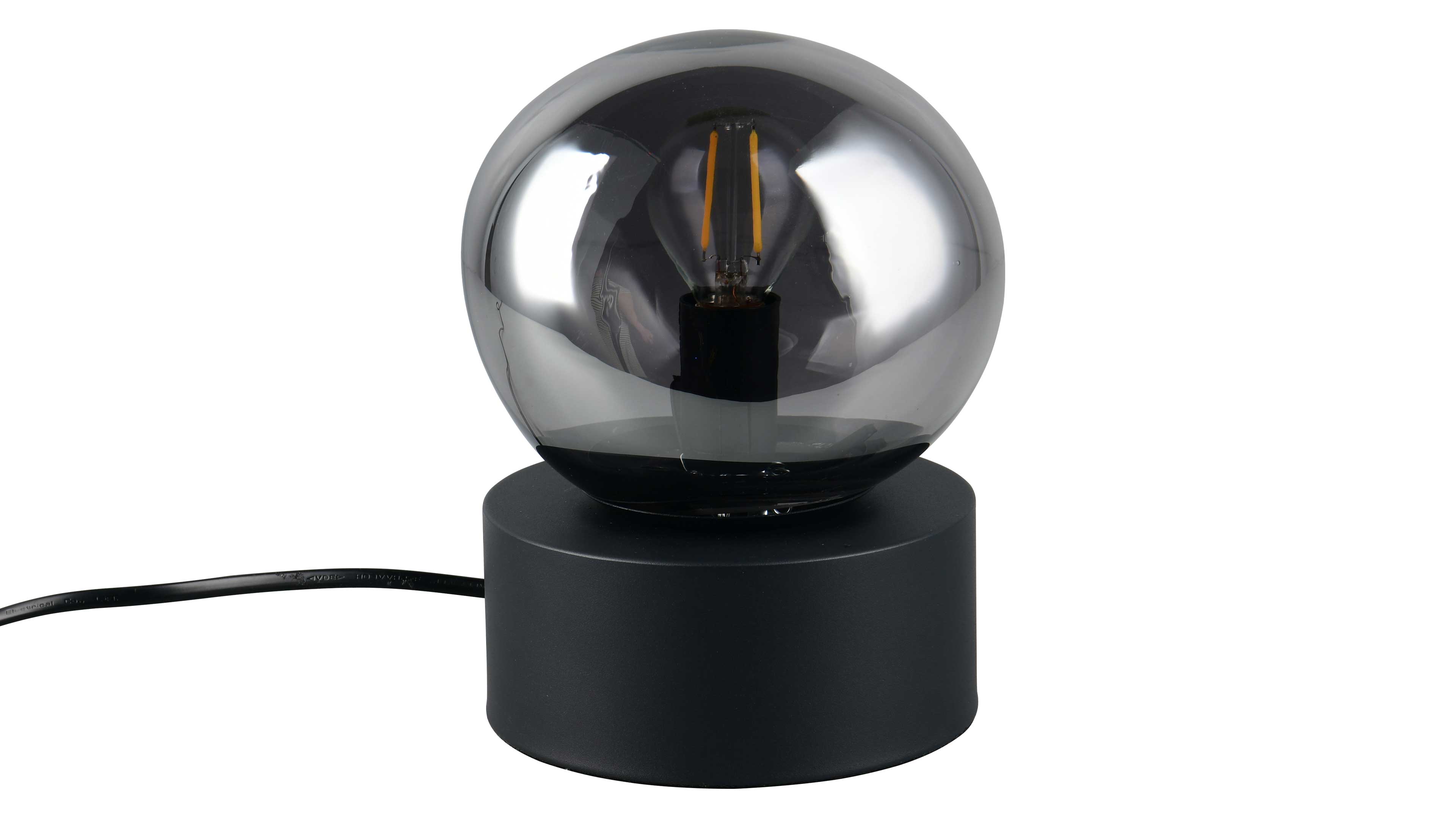 Tischlampe mit rundem, rauchgrauem Glaskugel-Schirm, sichtbarer Filament-Glühbirne und zylindrischem schwarzem Sockel, mit schwarzem Kabel.