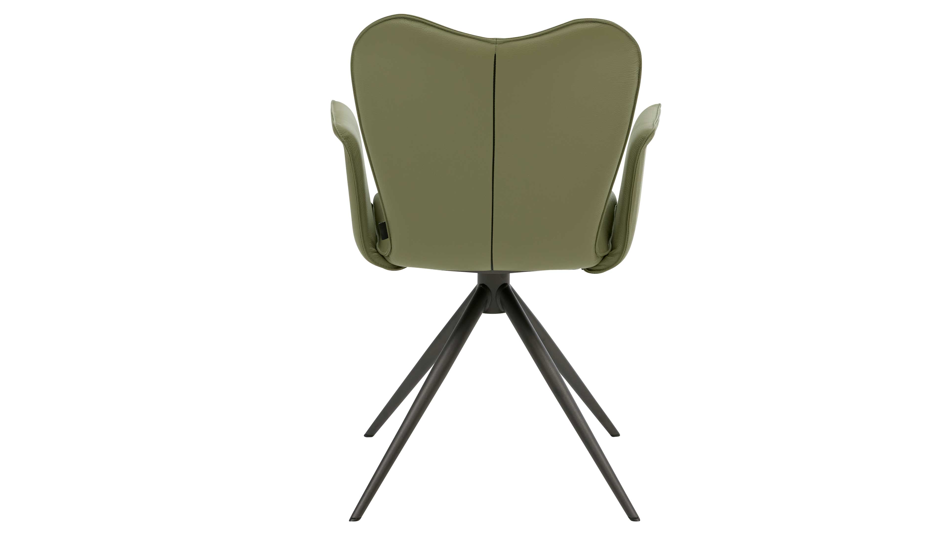 Rückenansicht eines olivgrünen gepolsterten Stuhls mit geteiltem Rückenpolster, seitlichen Armlehnen und schwarzem vierbeinigen Metallfuß.