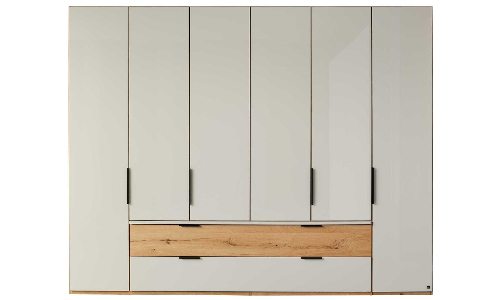 Kleiderschrank mit beige-grauen Glasfronten, Eiche-Dekor und praktischen Schubladen