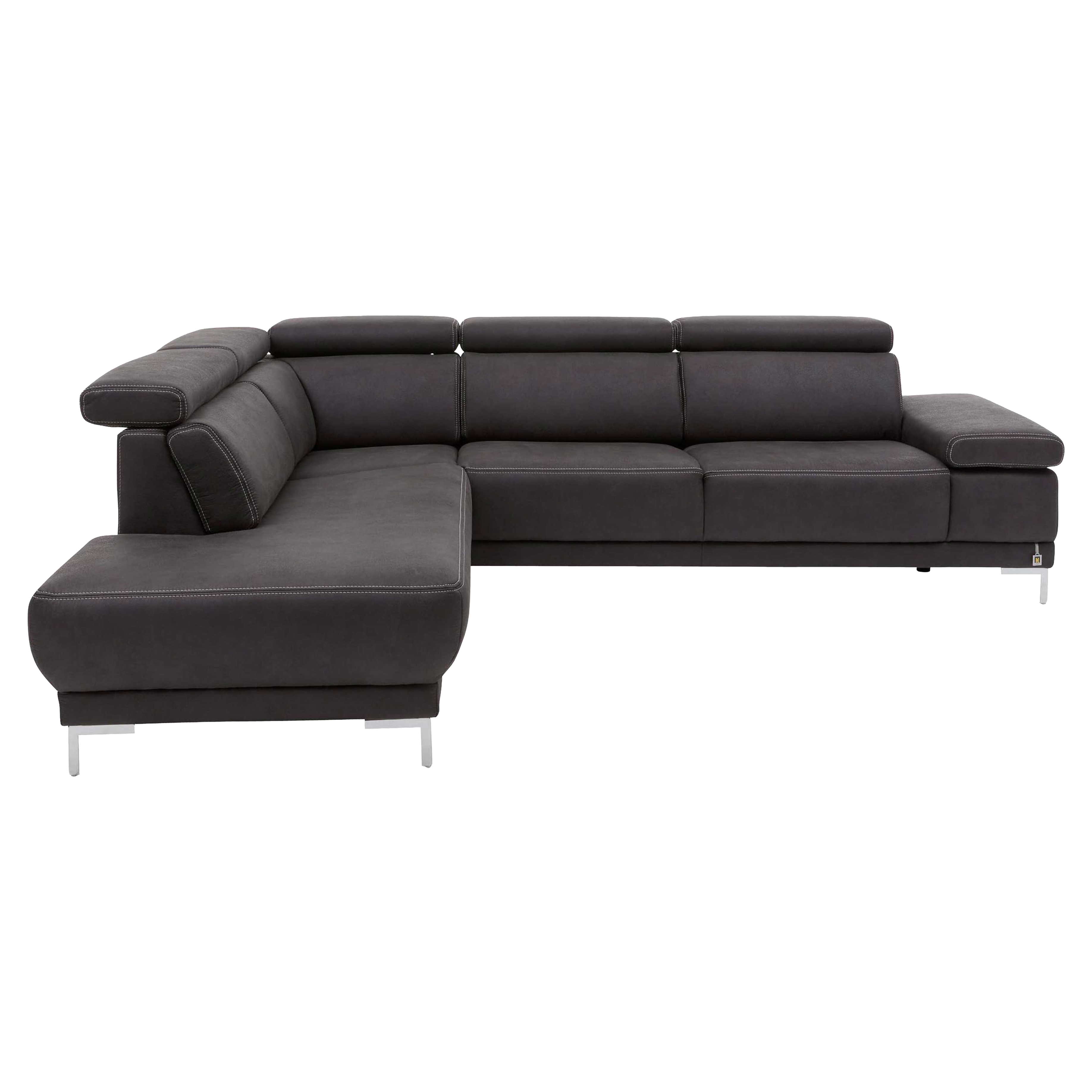 Ecksofa mit dunkelgrauem Stoffbezug und glänzenden Metallfüßen