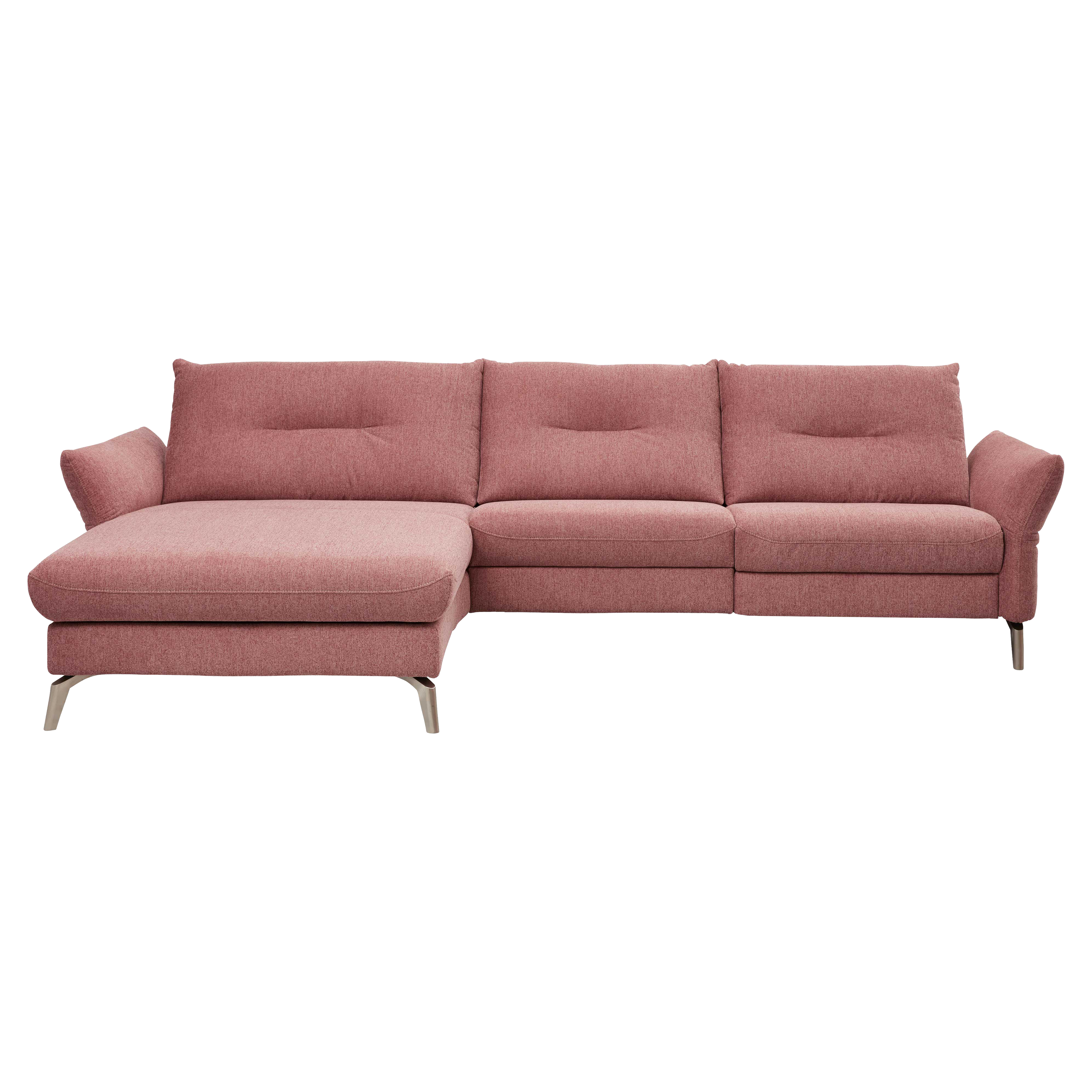 Rosa Ecksofa mit linksseitiger Liegefläche, dreiteiligen Rücken- und Sitzpolstern, leicht geschrägten Armlehnen und Metallfüßen.