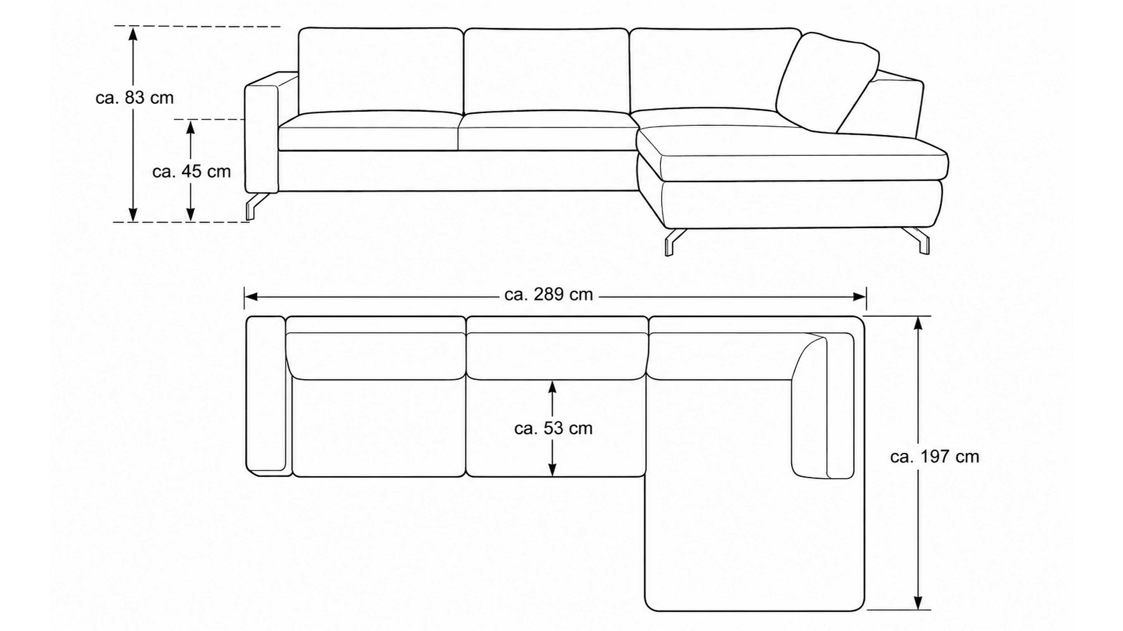 Ecksofa mit Stoffbezug in Ecru und schwarzen Metallfüßen