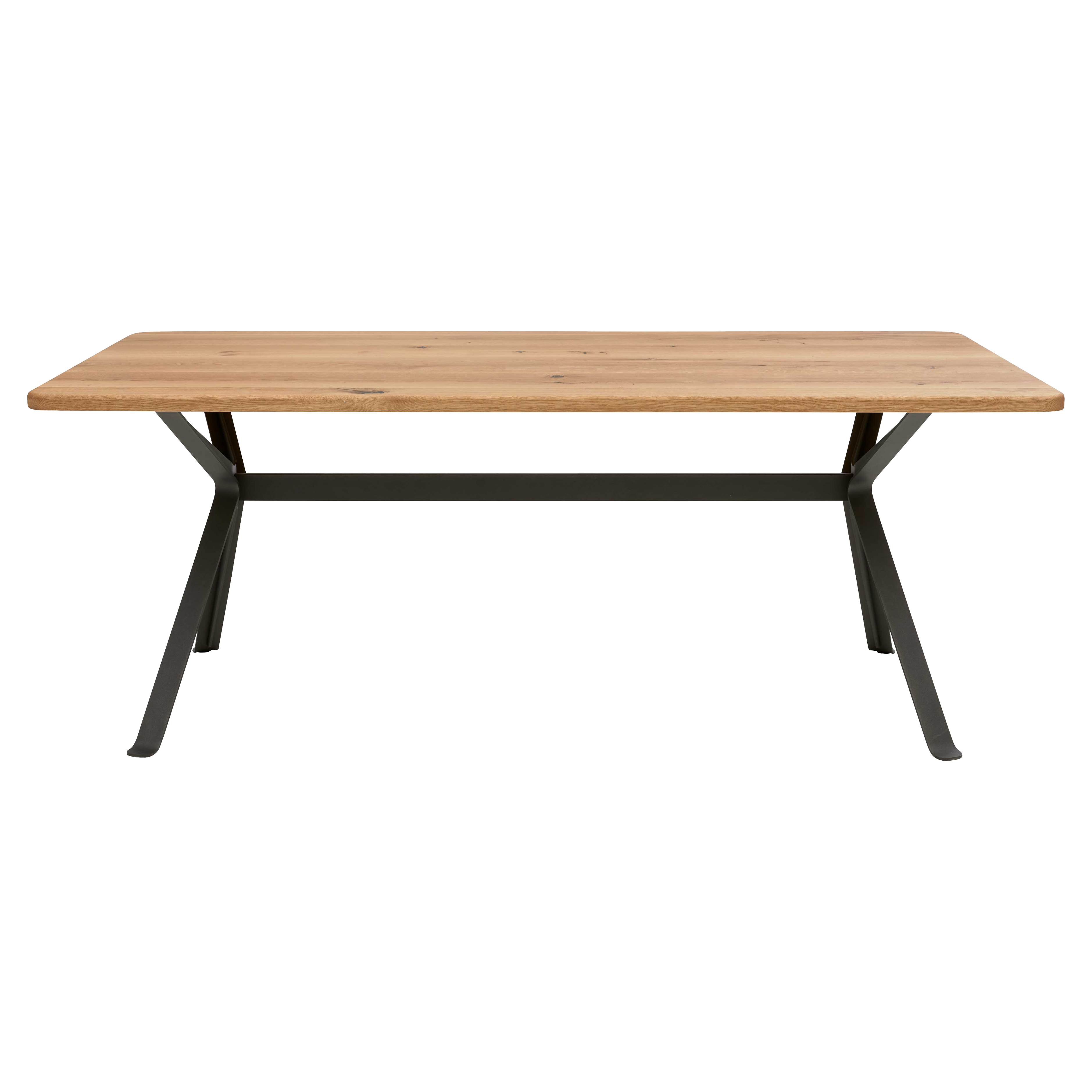 Rechteckiger Tisch mit heller Holzplatte mit abgerundeten Ecken und sichtbarer Maserung, getragen von dunkelgrauem Metallgestell.