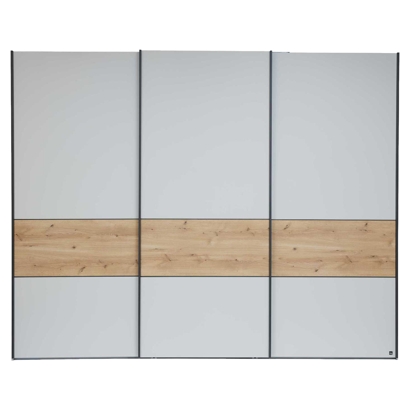 Schwebetürenschrank in Beige-Grau mit Absetzung in Eiche-Nachbildung