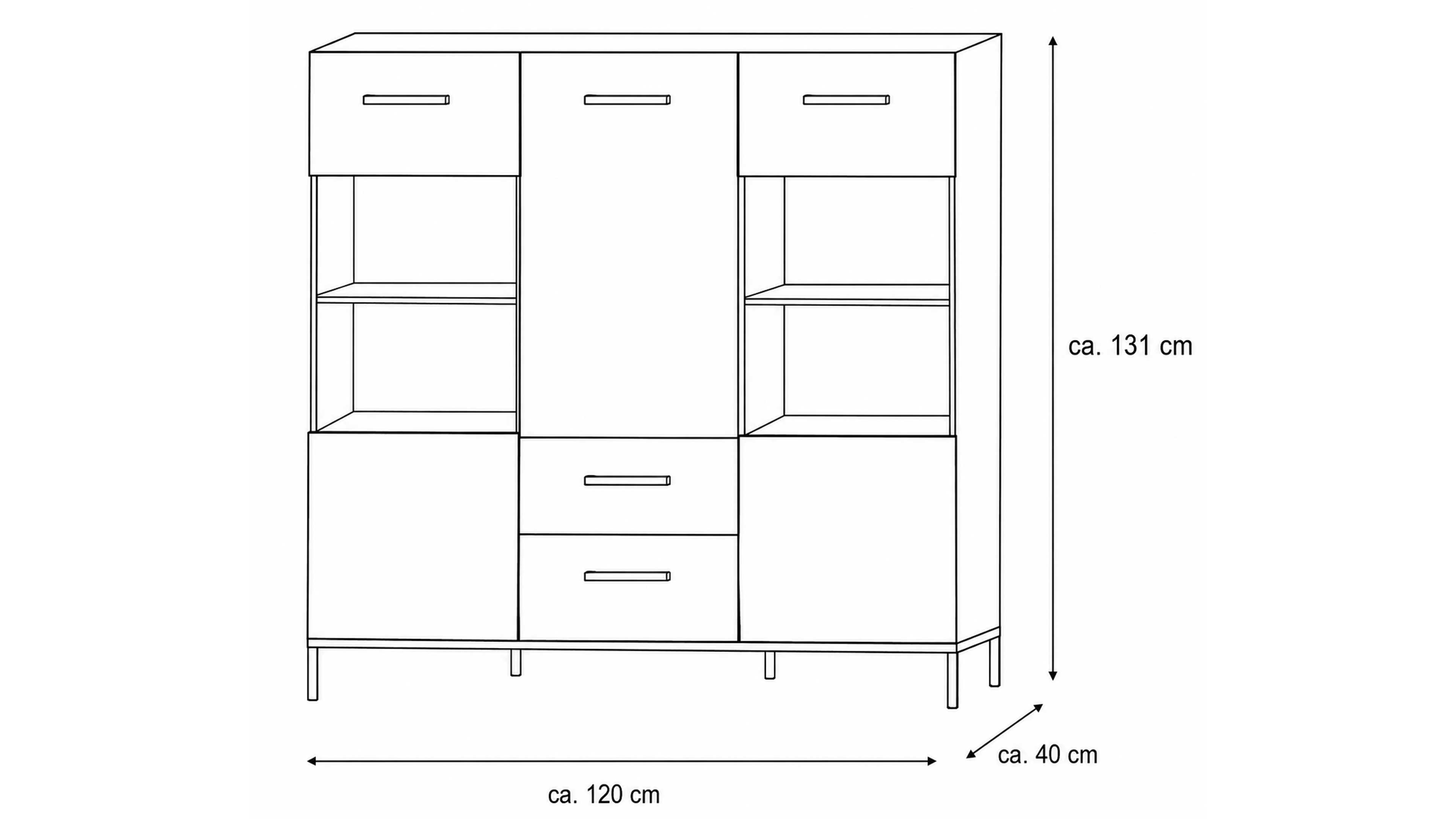 Vitrine in Sahara Creme mit Glaseinsätzen, Granit-Steinfurnier und Schubladen