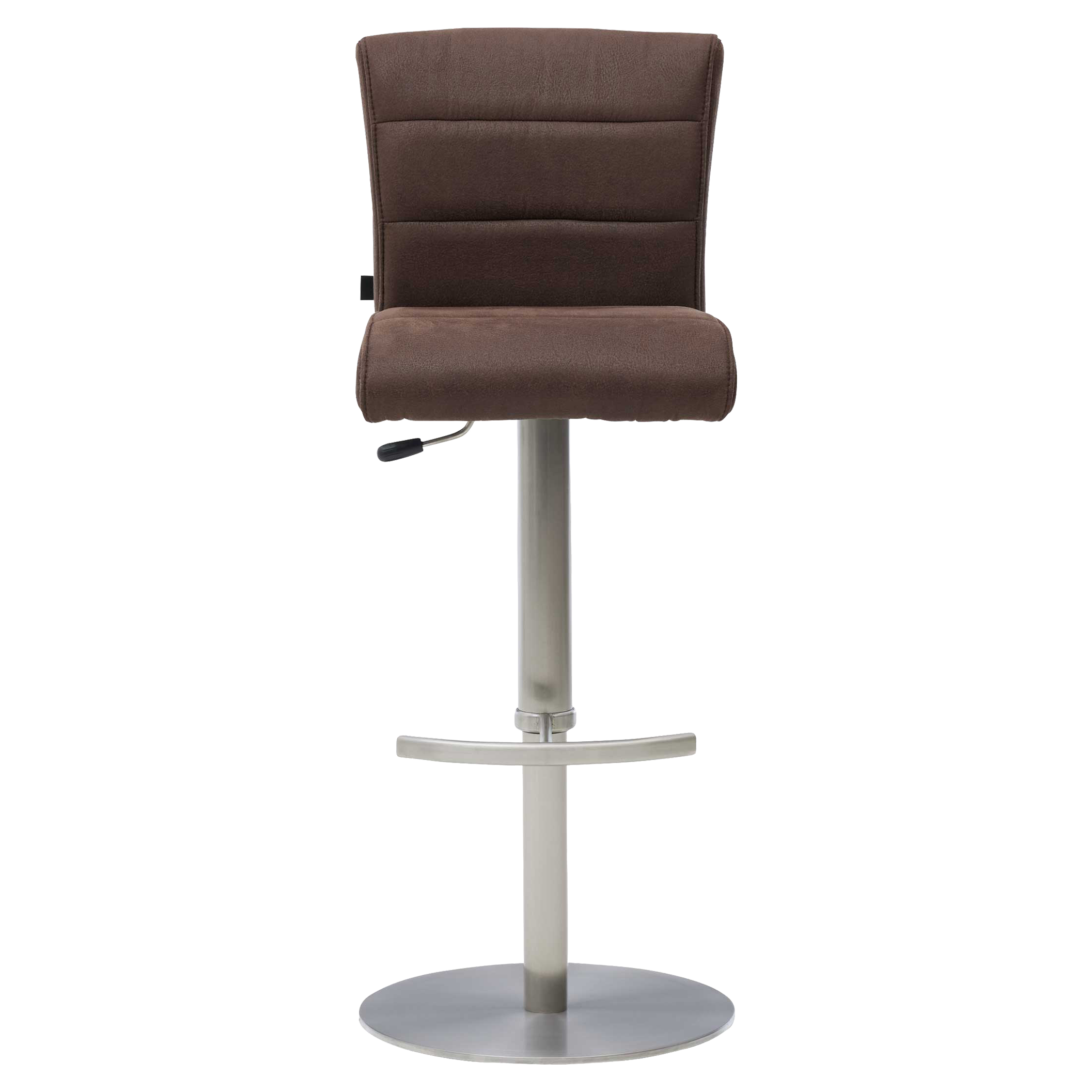 Barhocker mit braun gepolsterter, quer gesteppten Rücken- und Sitzfläche, Höhenverstellung per Hebel, Metallrundfuß und gebogener Fußstütze.