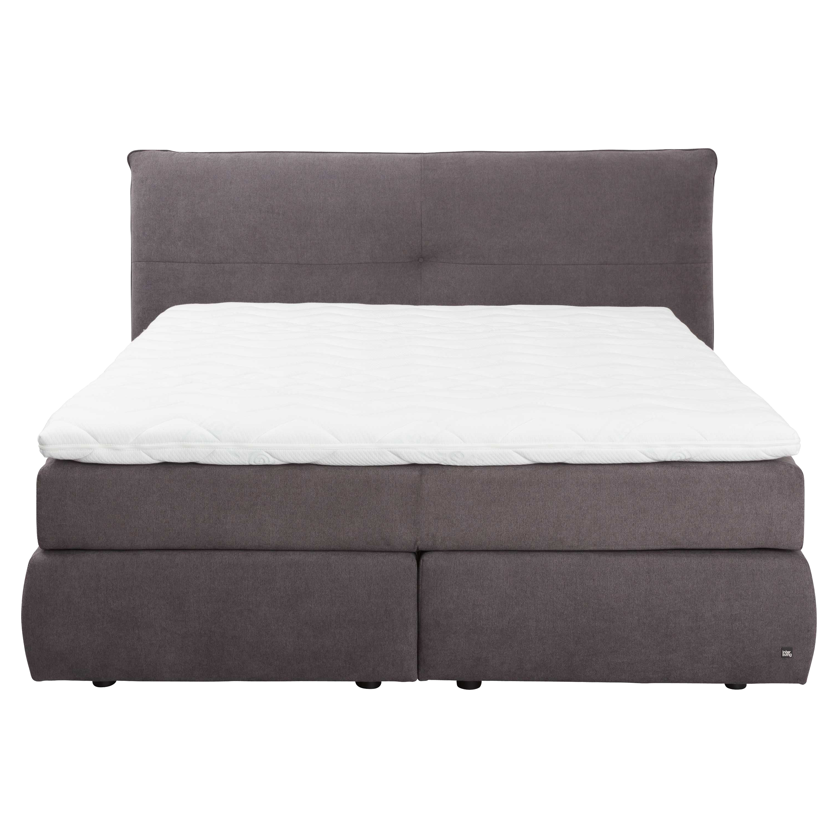 Graues, gepolstertes Boxspringbett mit hochgezogenem Kopfteil, weißer gesteppter Topper und geteiltem Sockel.