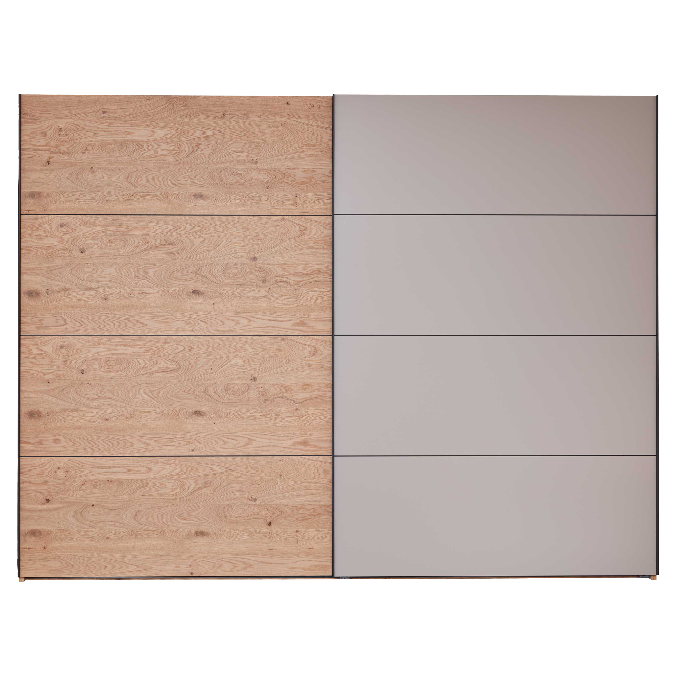 Großer Schrank mit links vier hellen Holzpaneelen mit sichtbarer Maserung und rechts vier glatten hellgrauen Paneelen.