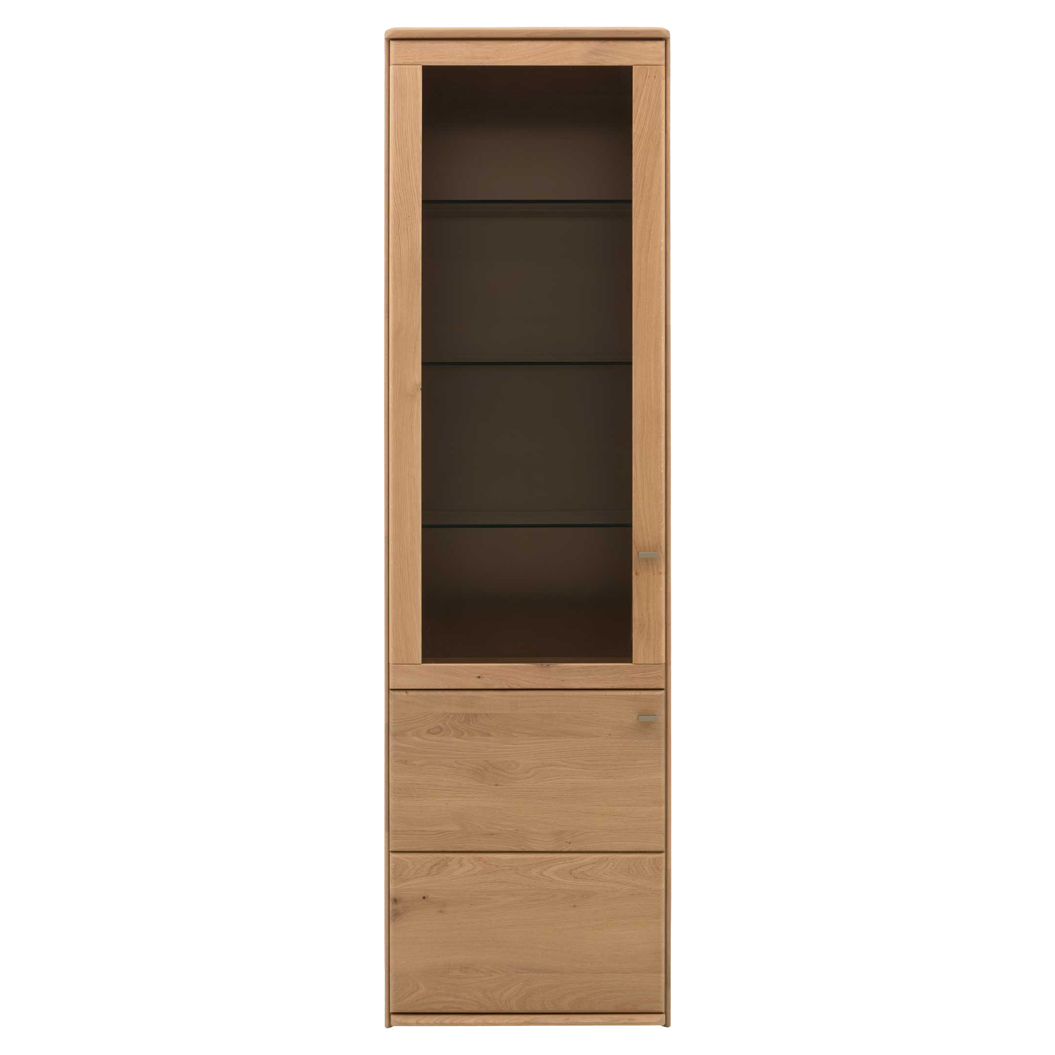 Schlanker, hoher Holzschrank mit sichtbarer Maserung, oben eine verglaste Tür mit drei Einlegeböden, unten zwei geschlossene Fächer.