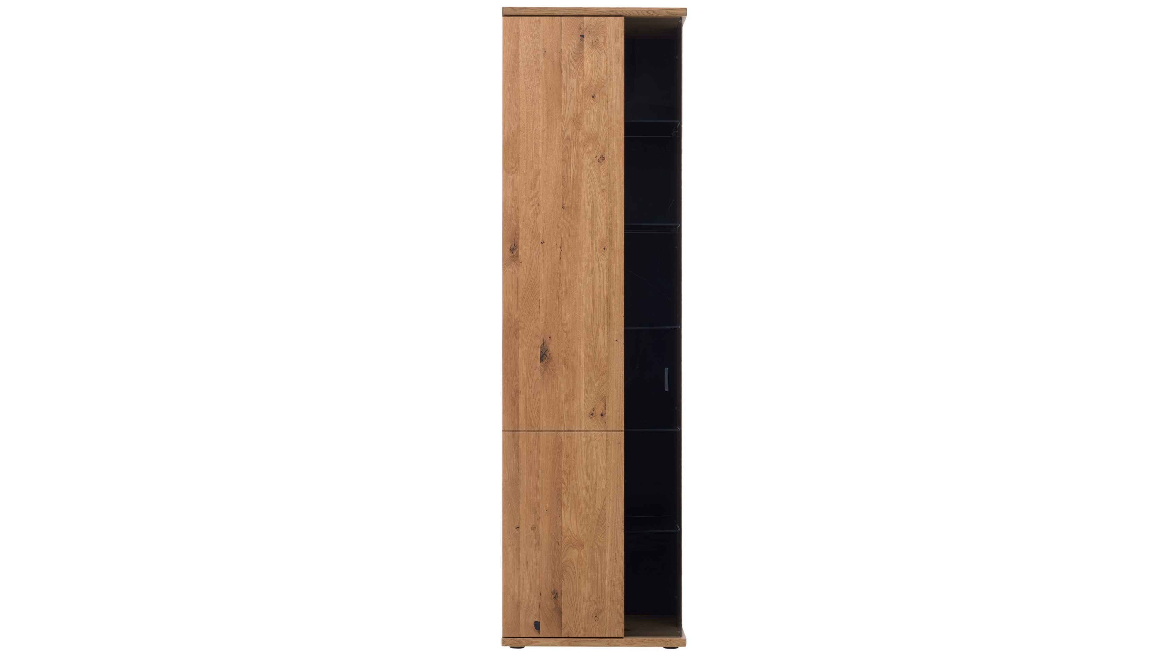Hohe Vitrine in Asteiche und Schwarzglas-Einsätzen