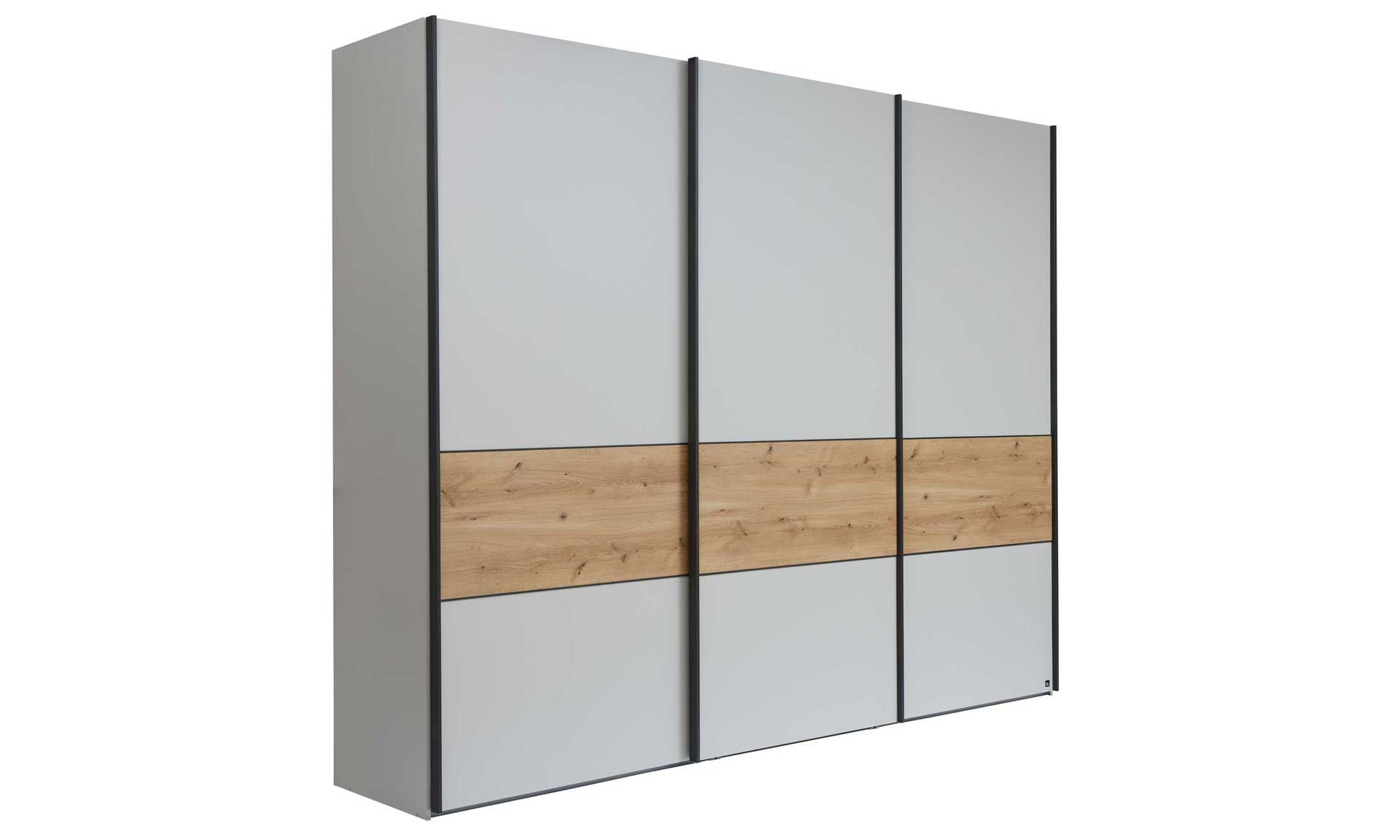 Schwebetürenschrank in Beige-Grau mit Absetzung in Eiche-Nachbildung
