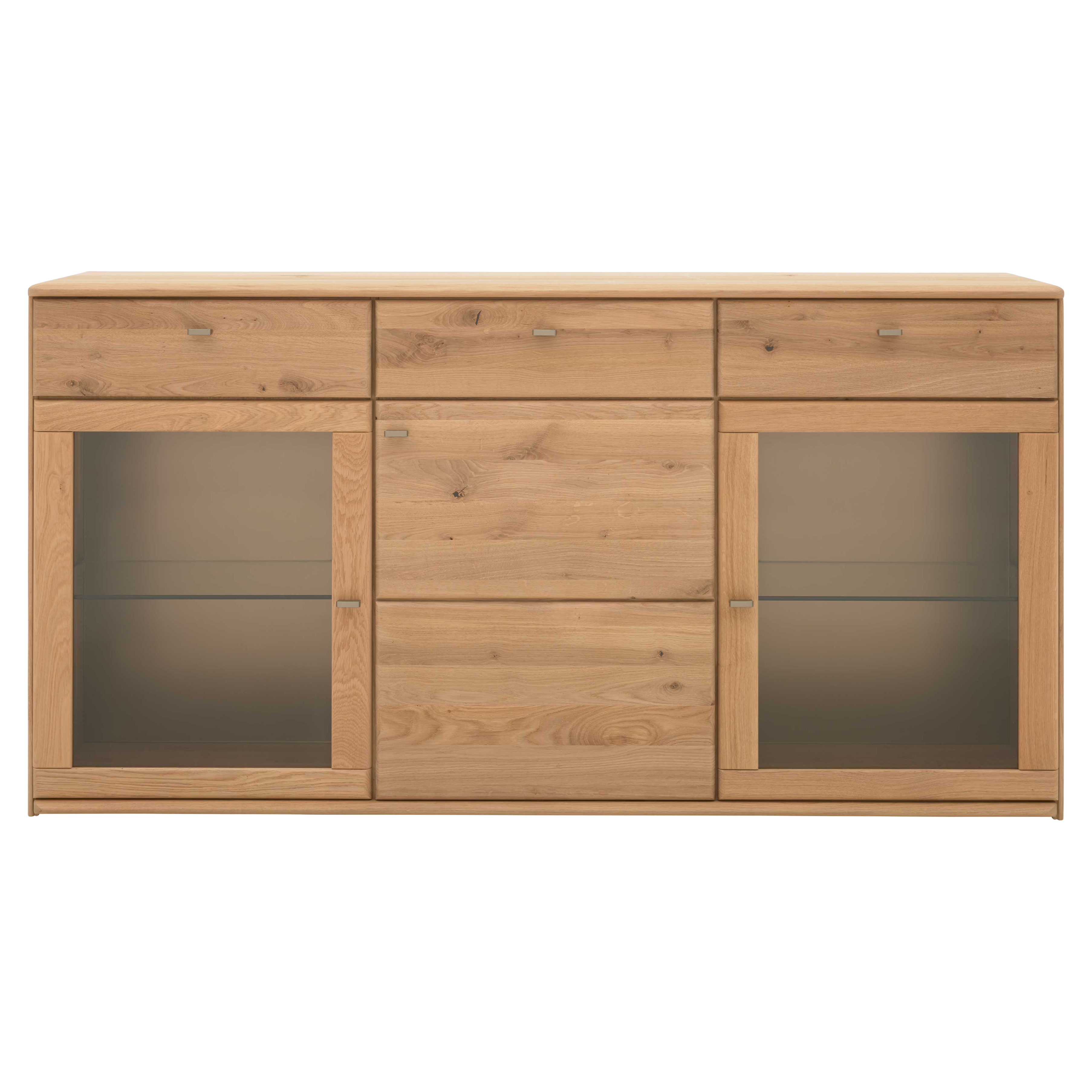 Kommode aus hellem Holz mit drei oberen Schubladen, zwei seitlichen Glastüren mit Einlegeböden und einer zentralen Tür.