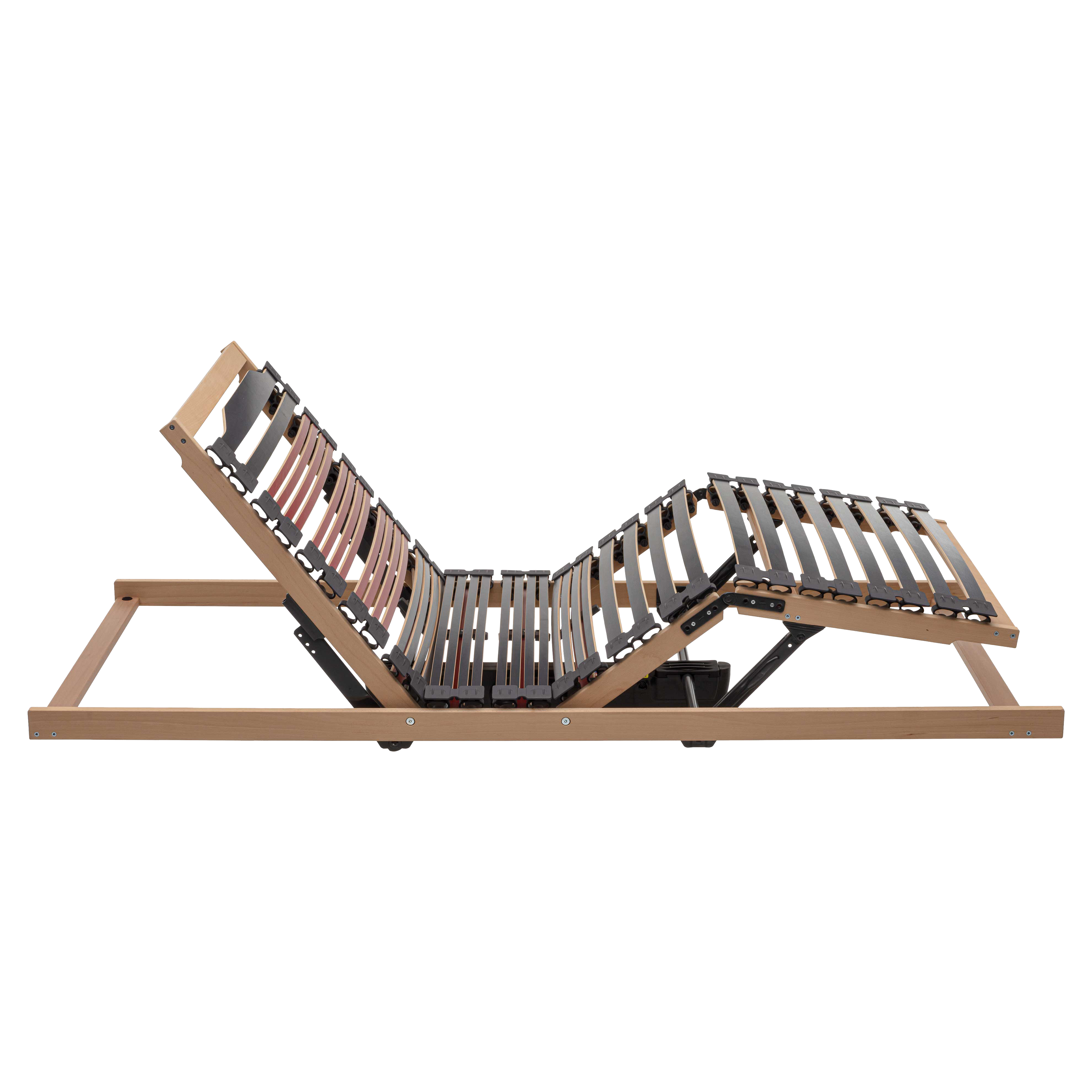 Verstellbarer Lattenrost aus hellem Holz mit mehreren gebogenen Leisten, Kopf- und Fußteil hochgestellt.