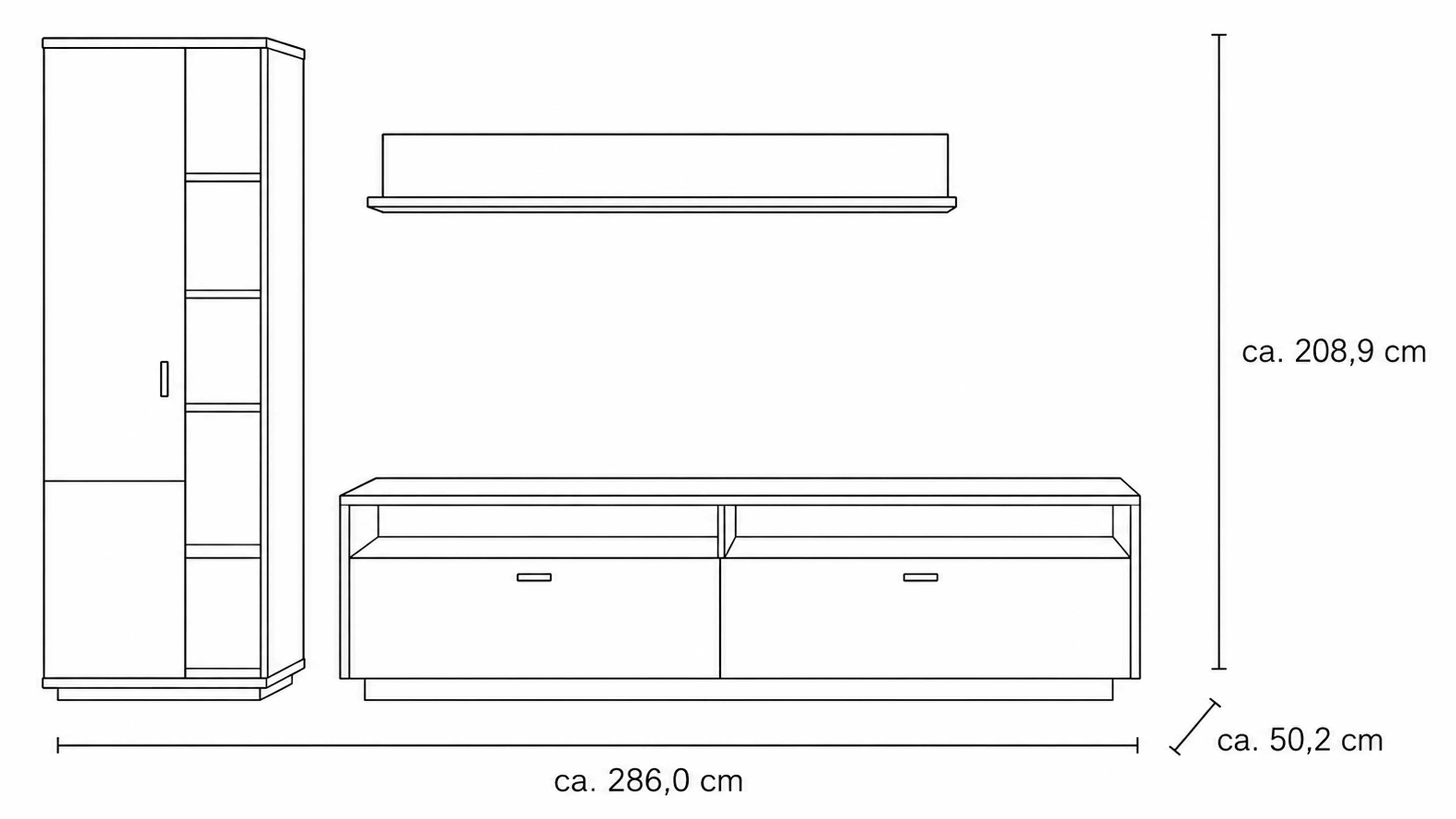 Wohnlösung mit TV-Board, hoher Vitrine und Wandregal mit grauen Glaselementen und Asteiche