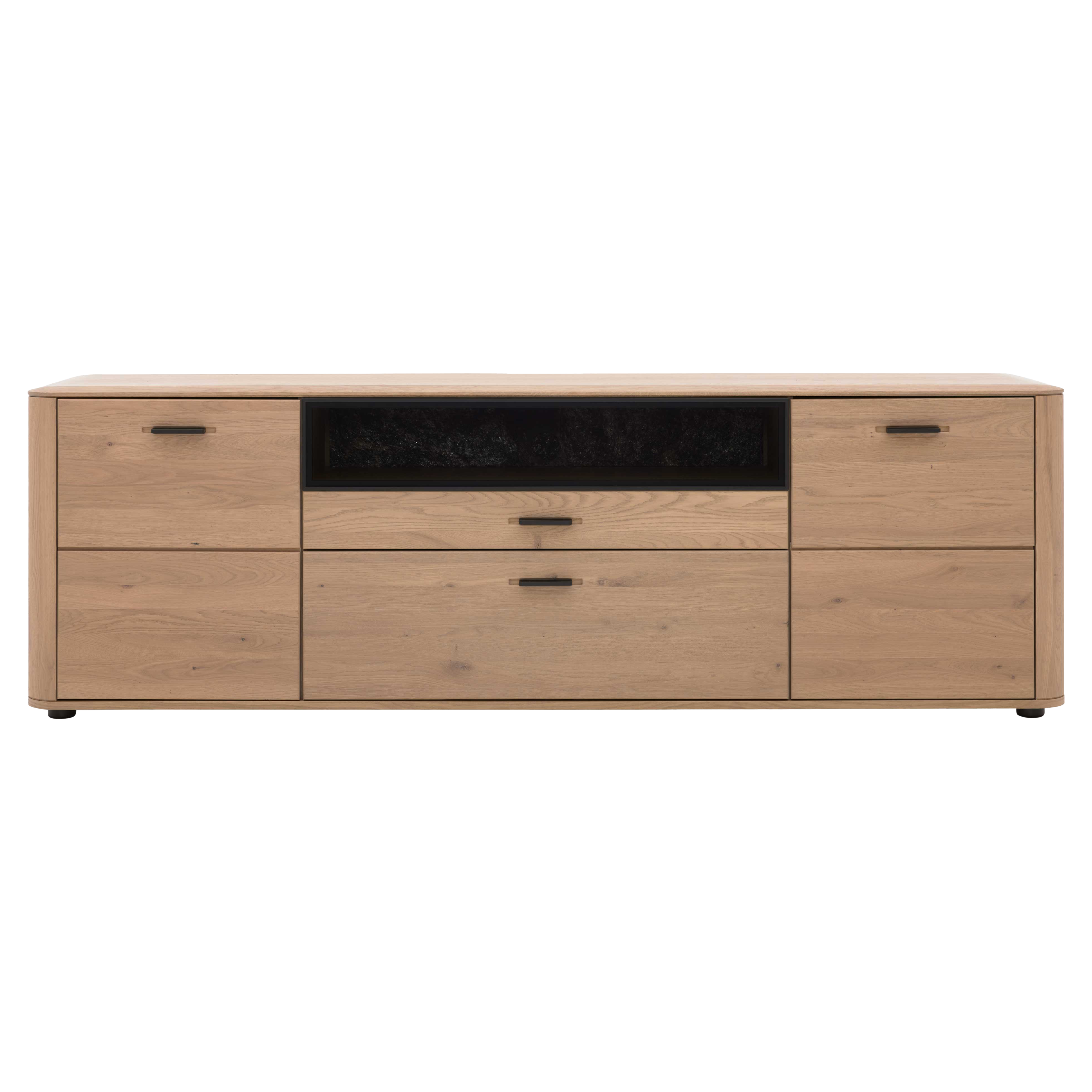 Sideboard aus hellem Holz mit schwarzem, rechteckigem Ablagefach oben mittig, zwei Türen außen, zwei breite Schubladen und schwarzen Griffen.
