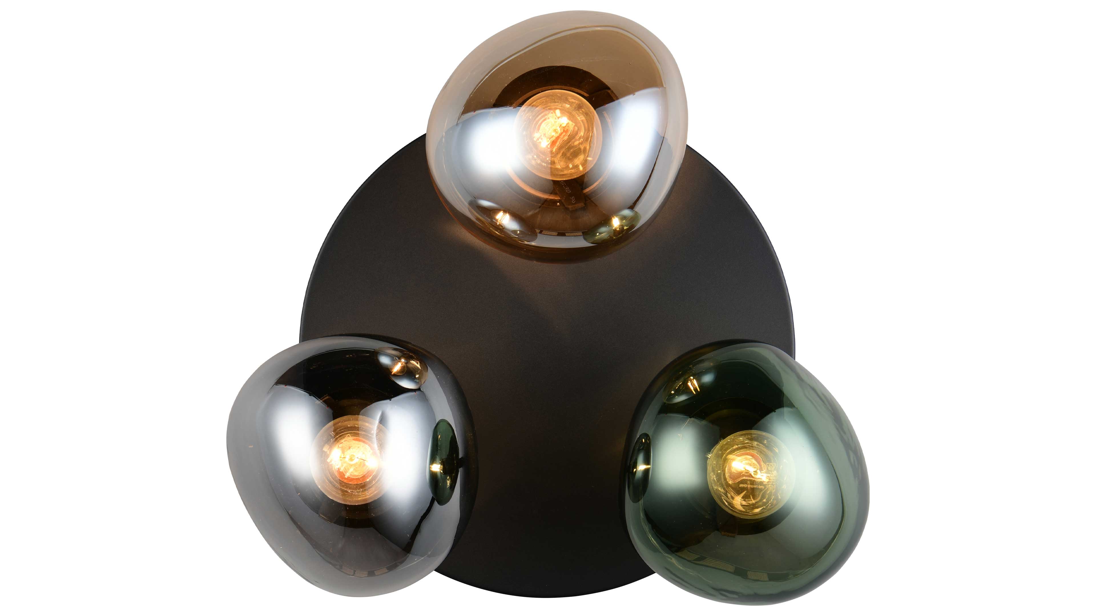 Deckenleuchte mit runder schwarzer Basis und drei unregelmäßigen Glasglocken in Bernstein, Rauchgrau und Grün mit sichtbarer Glühbirne.