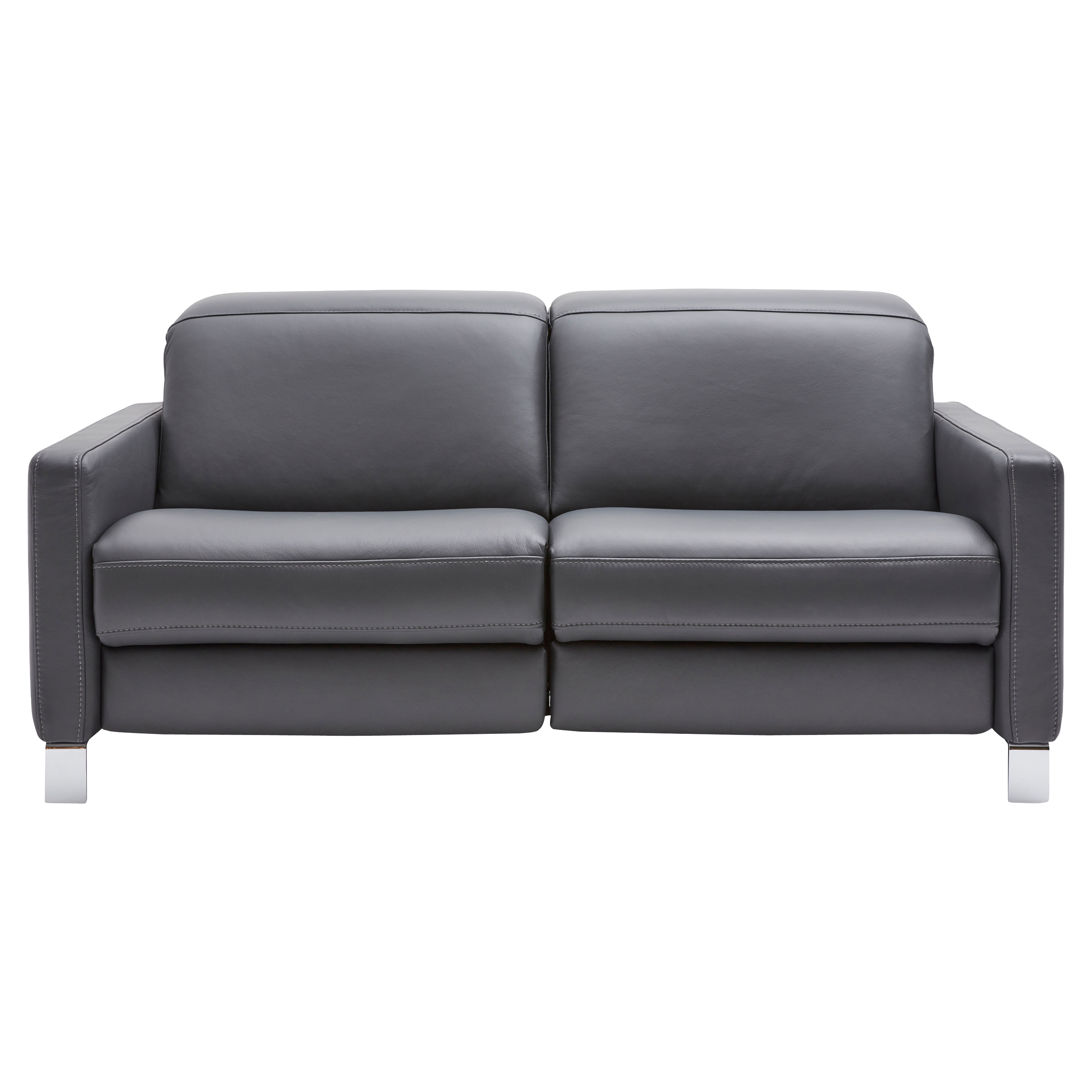 Zweisitziges graues Ledersofa mit zwei Sitz- und Rückenpolstern, eckigen Armlehnen, sichtbaren Nahtdetails und Chromfüßen.