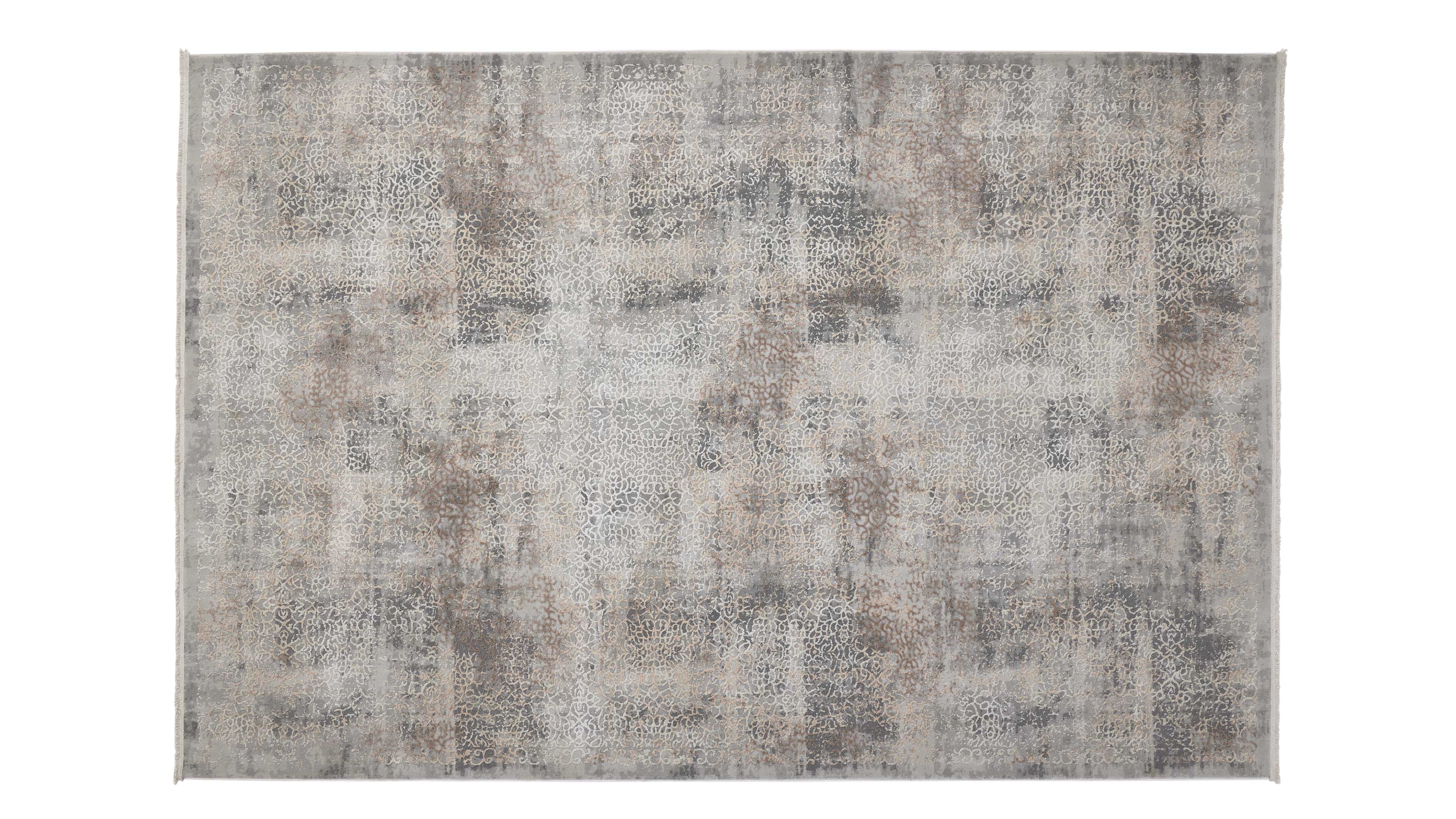 Großflächiger rechteckiger Teppich mit diffusem, verwaschenem Muster in Grau-, Beige- und Brauntönen.