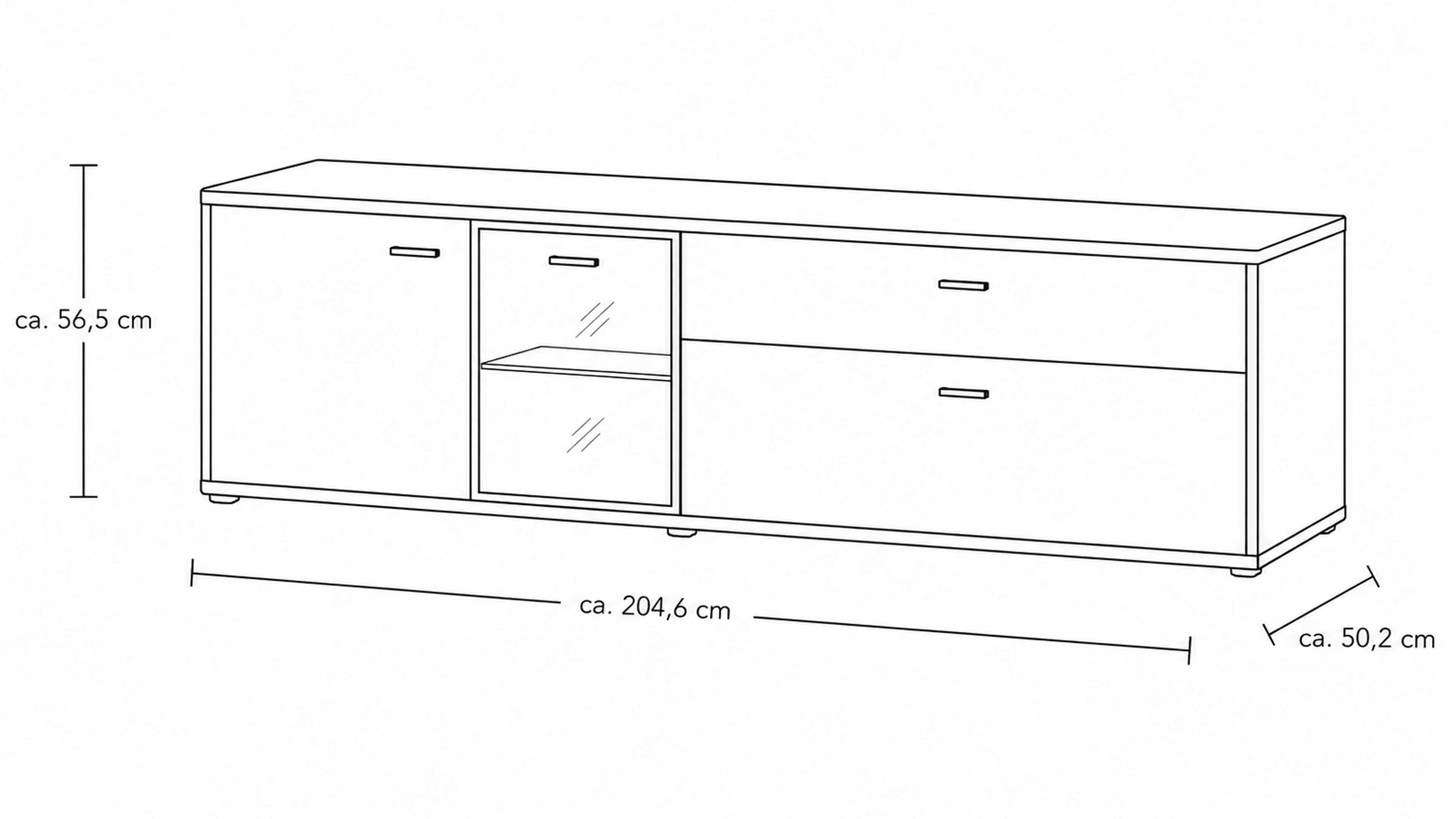 Wohnlösung mit Highboard, TV-Unterteil und Wandpaneel mit Eichefurnier und Schwarzglas