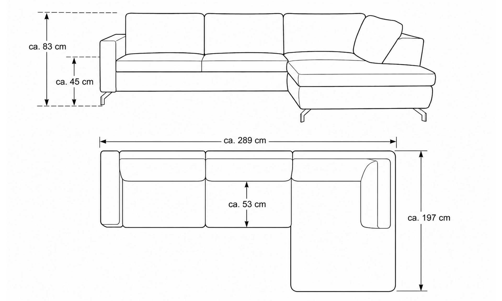 Graues Ecksofa mit Stoffbezug und schwarzen Metallfüßen
