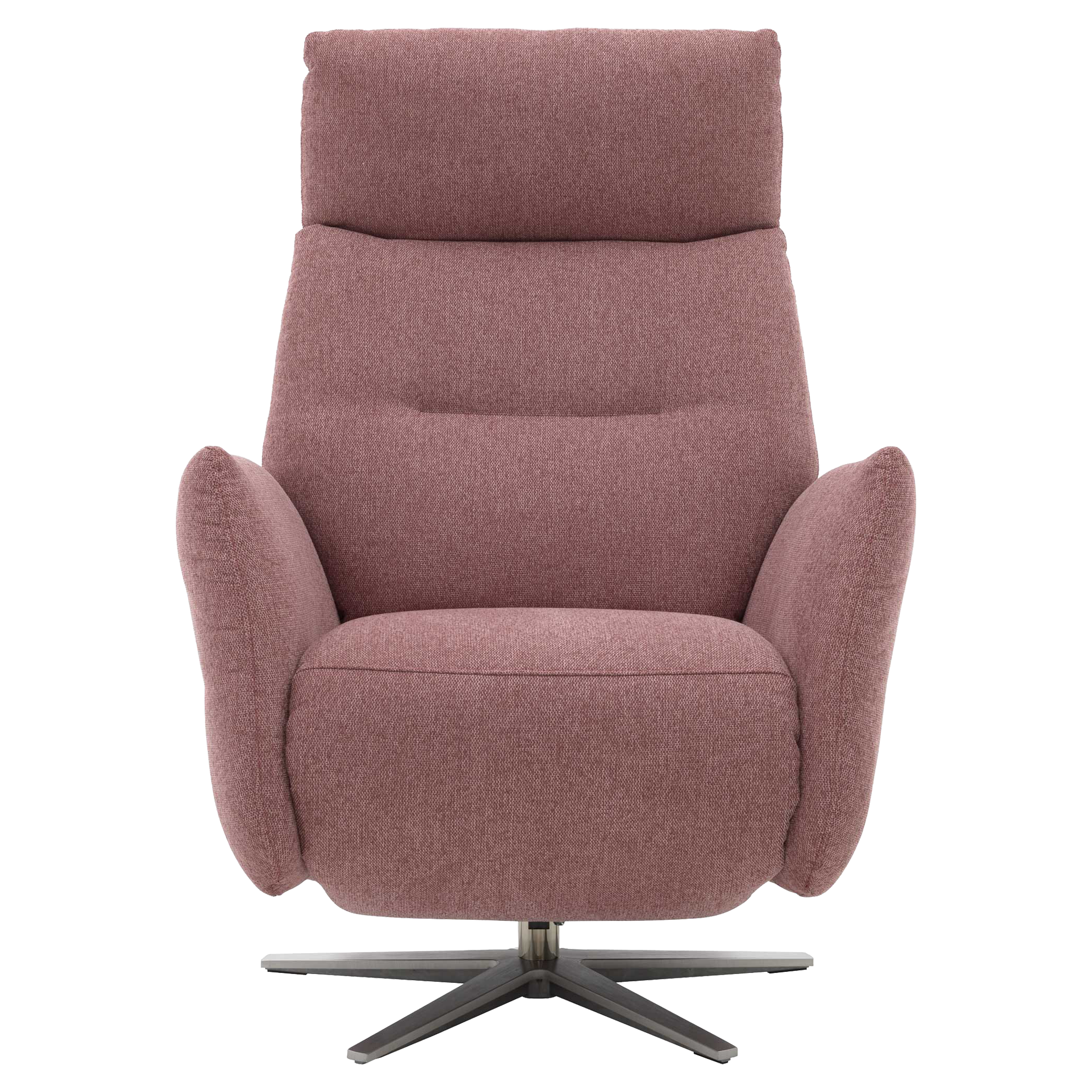 Drehbarer, gepolsterter Sessel in rosé Stoff mit hoher Rückenlehne, geschwungenen Armlehnen und sternförmigem Metallfuß.