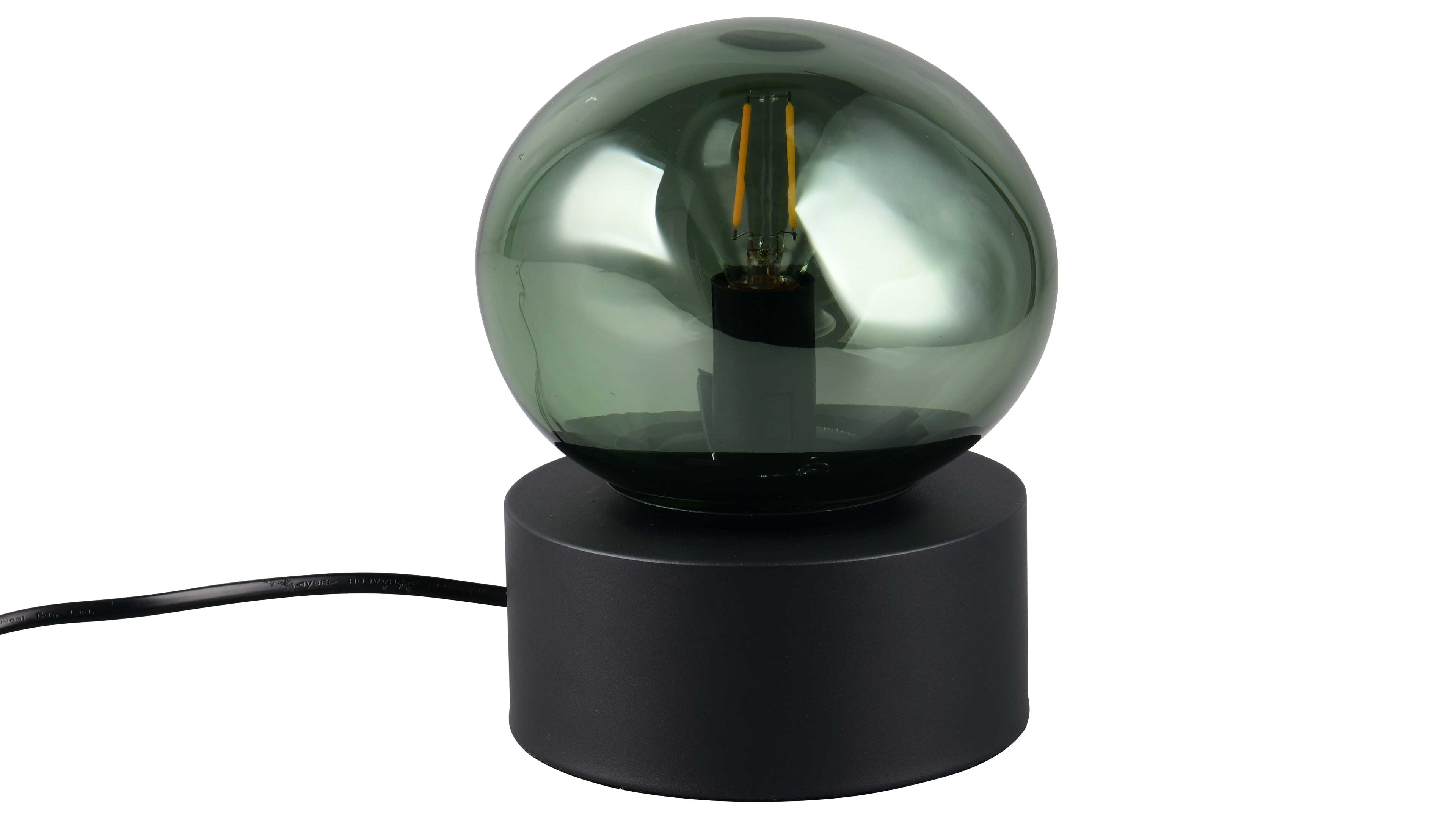 Tischlampe mit rundem rauchgrünem Glaskugel-Schirm auf mattschwarzem zylindrischem Sockel und seitlich herausführendem Kabel.