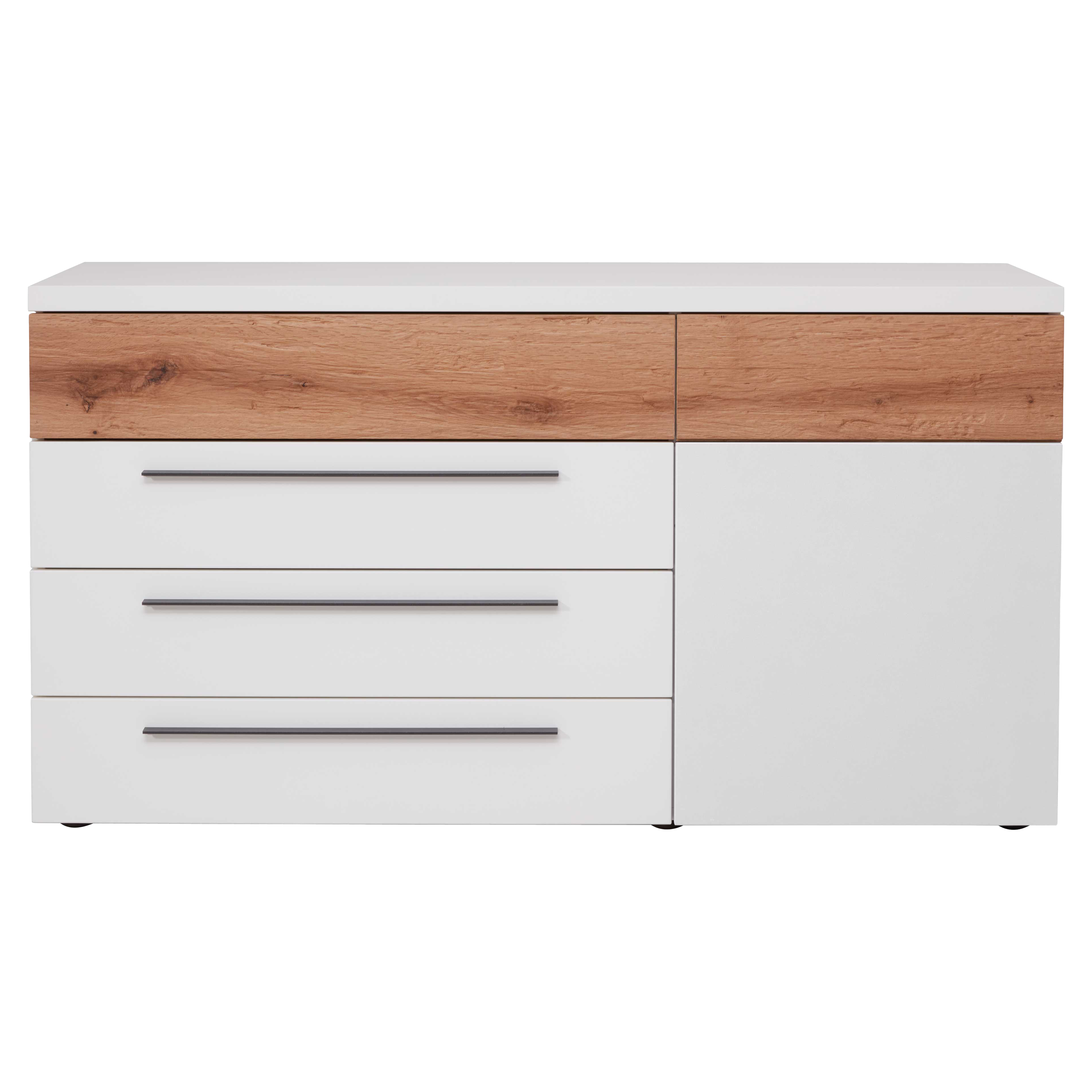 Sideboard in Weiß mit vier Schubladen, einer Tür und Holzakzent für geordneten Stauraum im Schlafbereich