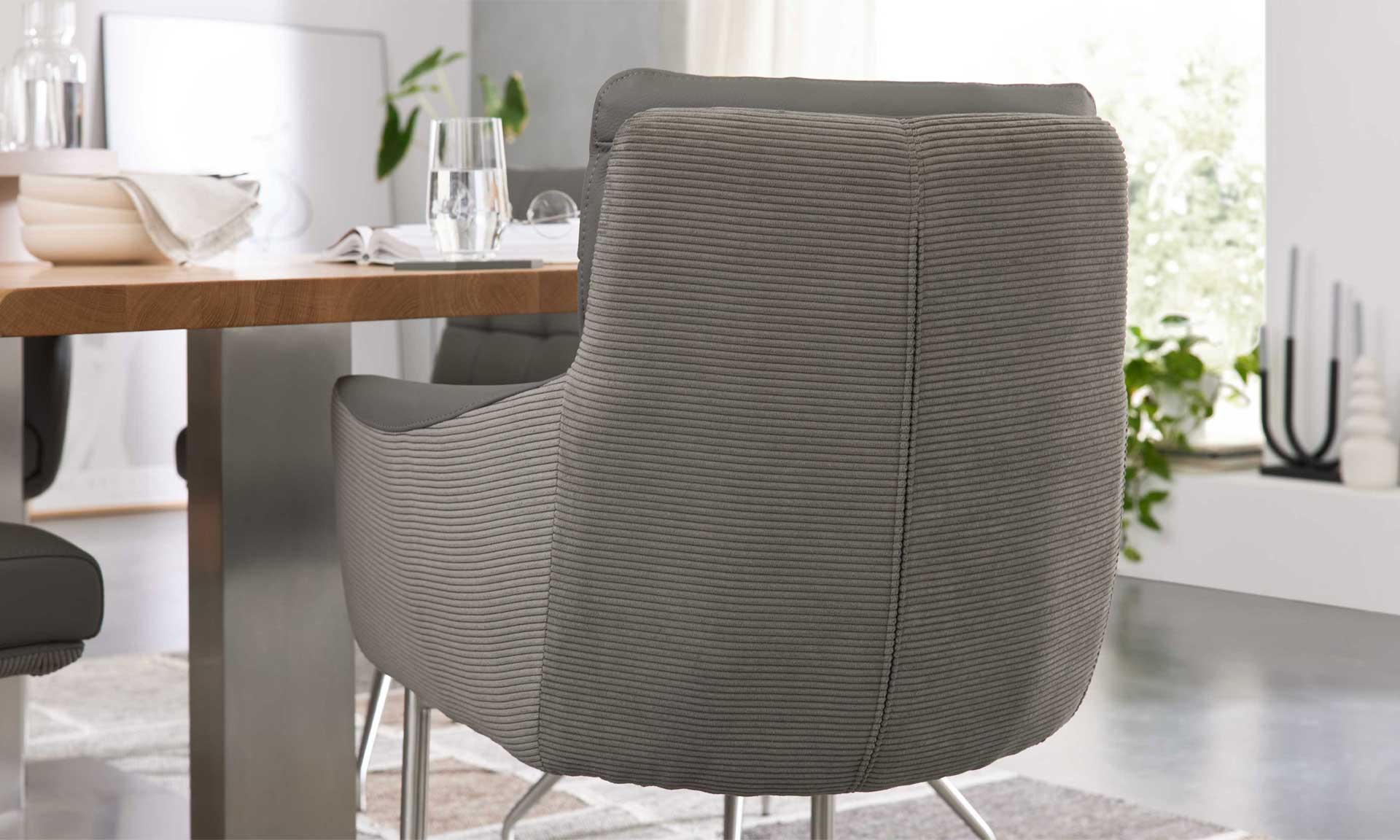 Freischwinger-Sessel mit grauem Leder-Cord-Mix und Edelstahlgestell