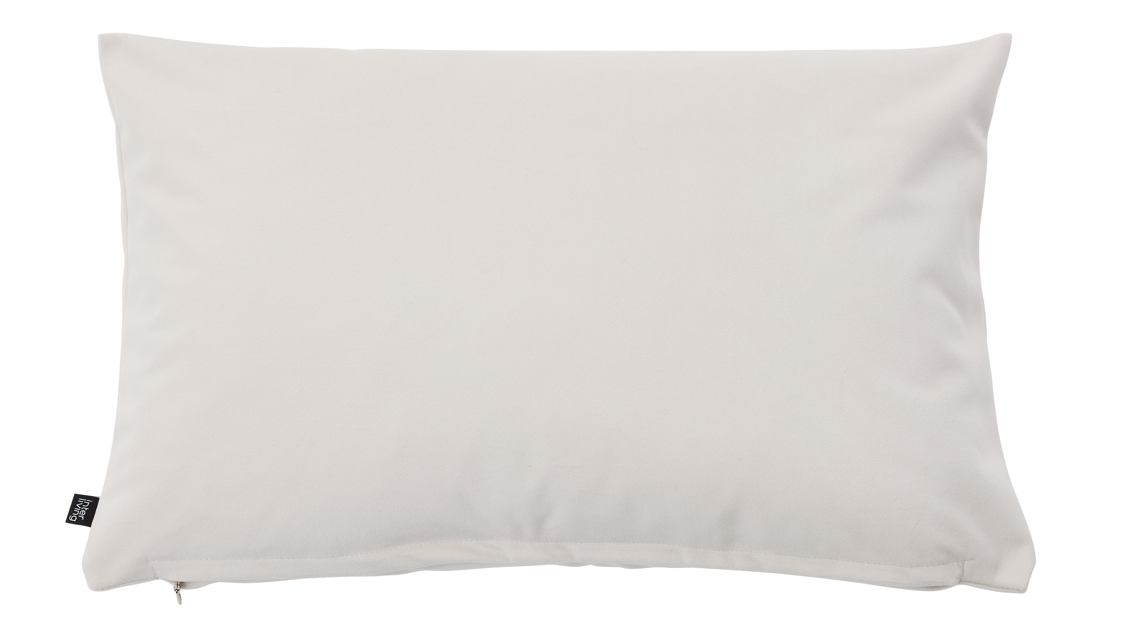 Rechteckiges hellbeiges Kopfkissen mit glatter Oberfläche, sichtbarem Reißverschluss unten links und schwarzem Etikett.