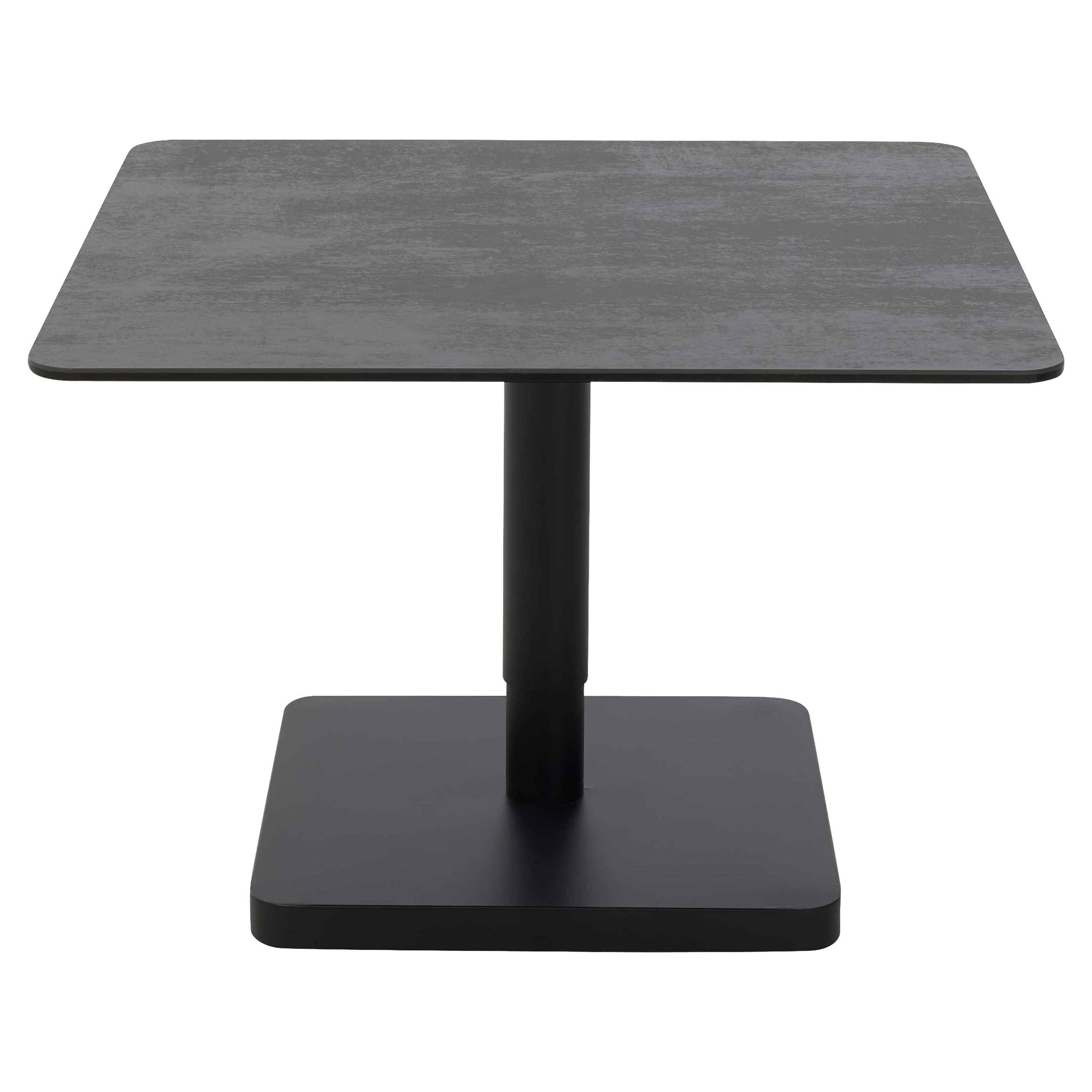 Quadratischer dunkelgrauer Tisch mit abgerundeten Ecken, zylindrischem Mittelbein und schwarzer quadratischer Bodenplatte.