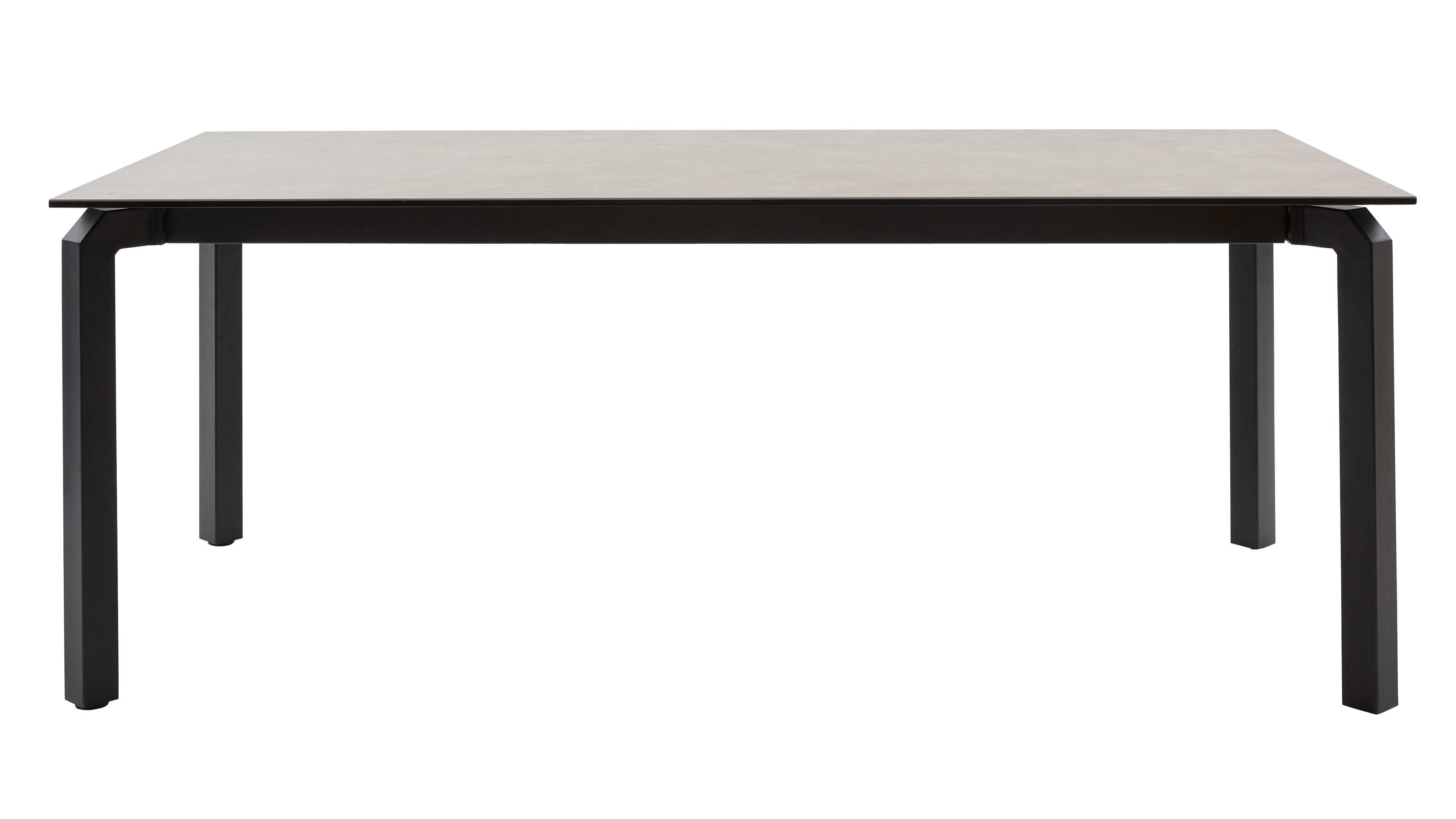 Rechteckiger Tisch mit flacher hellgrauer Tischplatte und schwarzem Metallgestell, vier eckige Beine mit abgewinkelten Verbindungen.