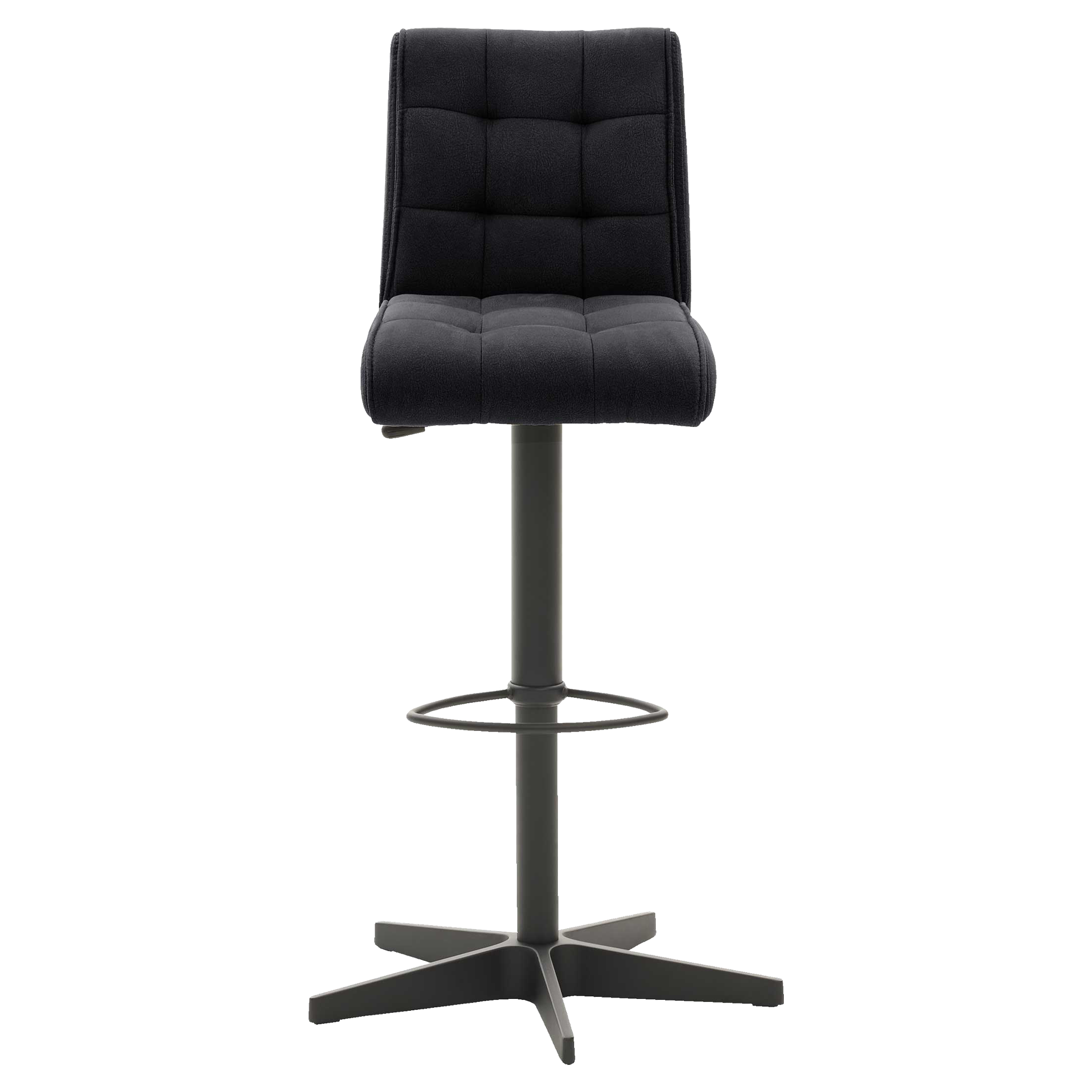 Barhocker mit gepolsterter dunkelgrauer Sitz- und Rückenfläche, zentraler Metallfuß mit rundem Fußring und fünfzackigem Sternfuß.