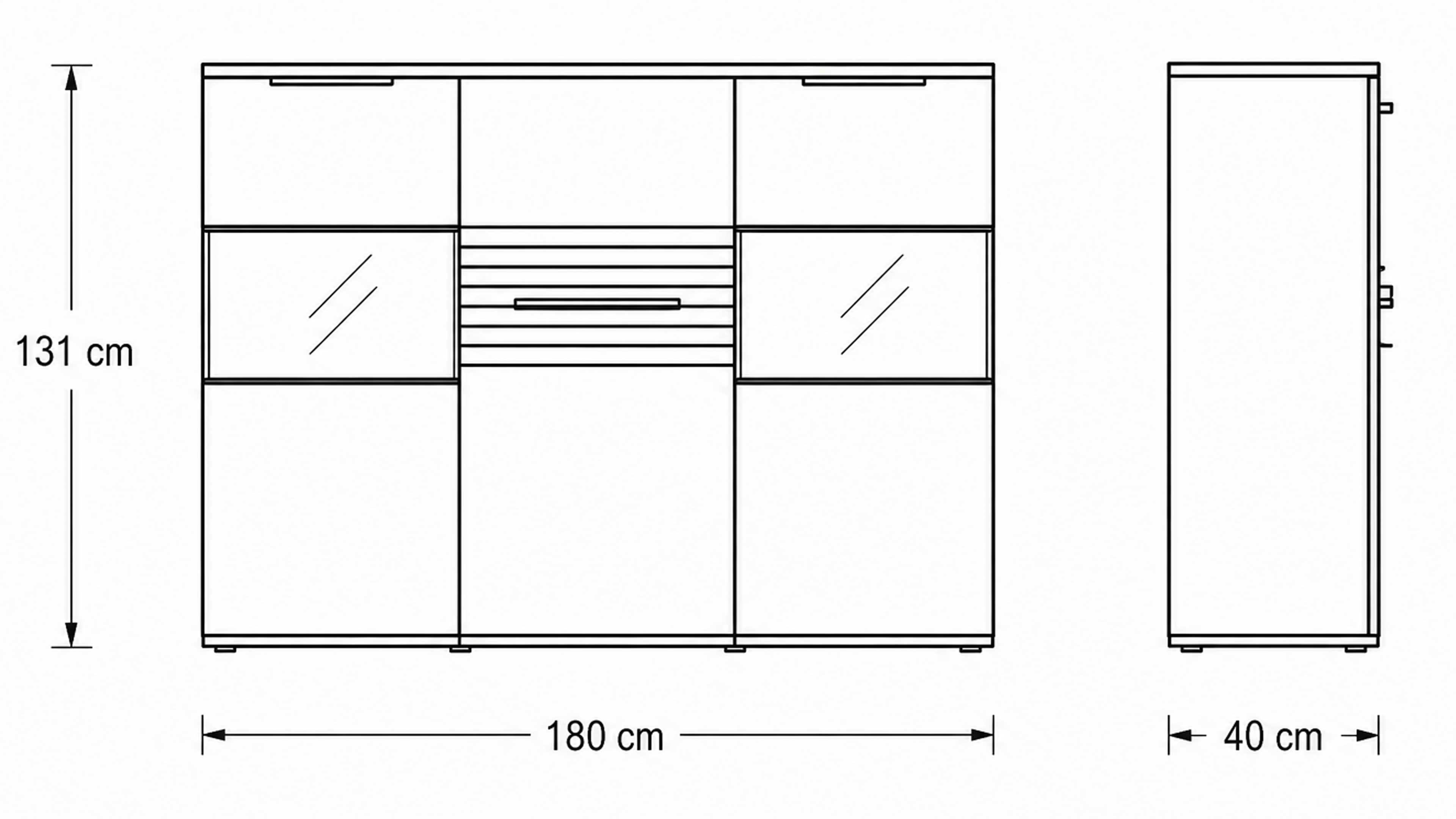 Highboard in Grau & Risseiche Dekor mit Glaseinsätzen, strukturierter Front und geschlossenem Stauraum