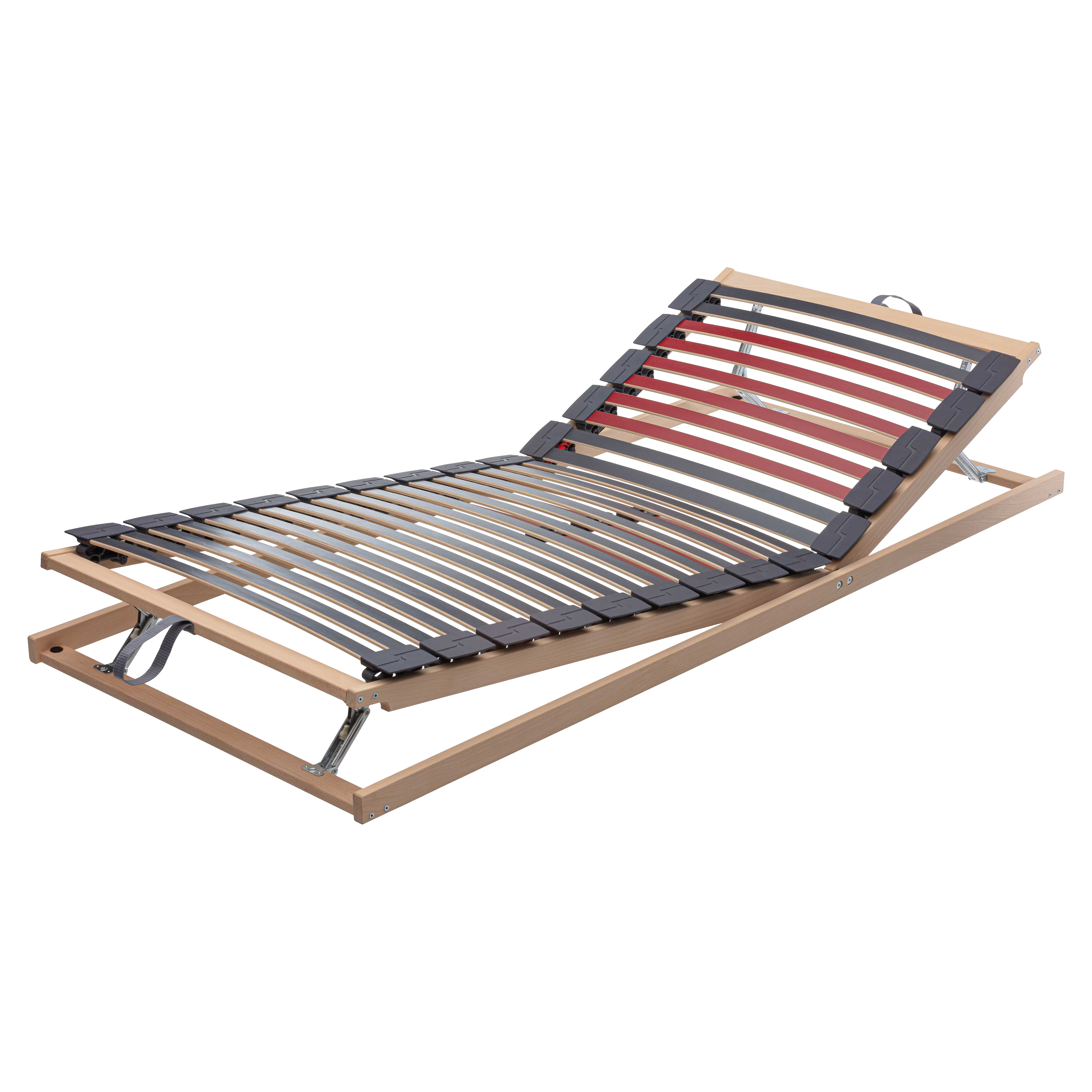 Verstellbarer Lattenrost aus Holz mit gebogenen Leisten, schwarzen Haltern, roten Mittelleisten und Metallstützen.